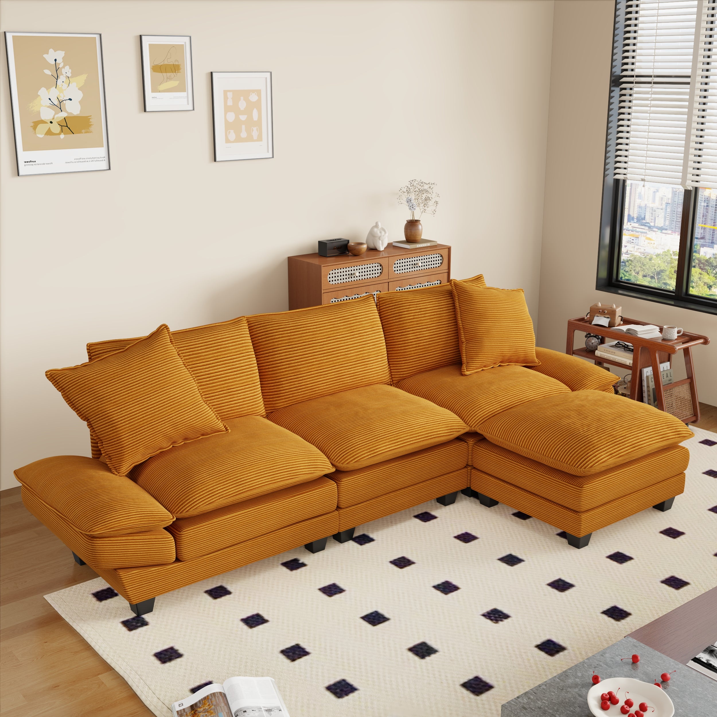 FFH 108" Modular Sectional Sofa with Ottoman, L-Shaped Sleeper Couch for Living Room, Beige Corduroy
