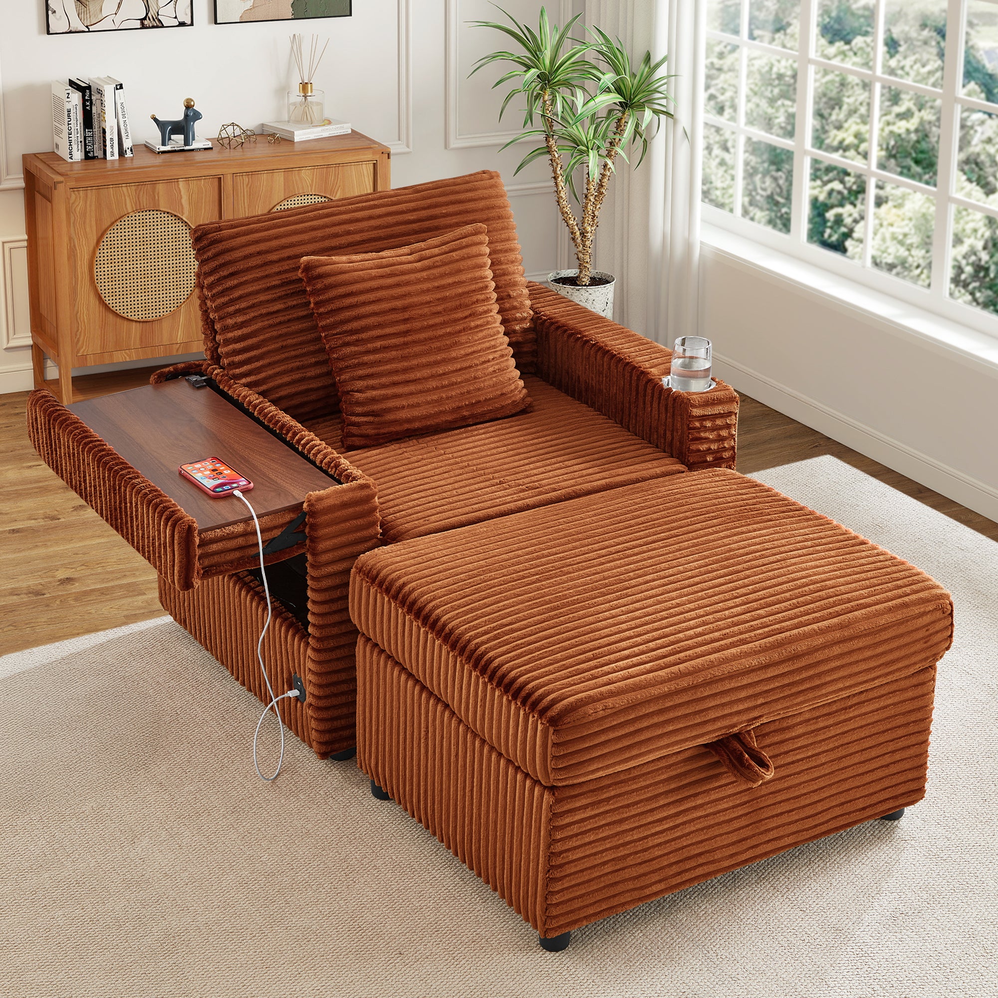 FFH Accent Chair with Storage Ottoman & Side Table, Cozy Lounge Chair with USB, Modern Single Sofa Armchair for Living Room, Orange Corduroy