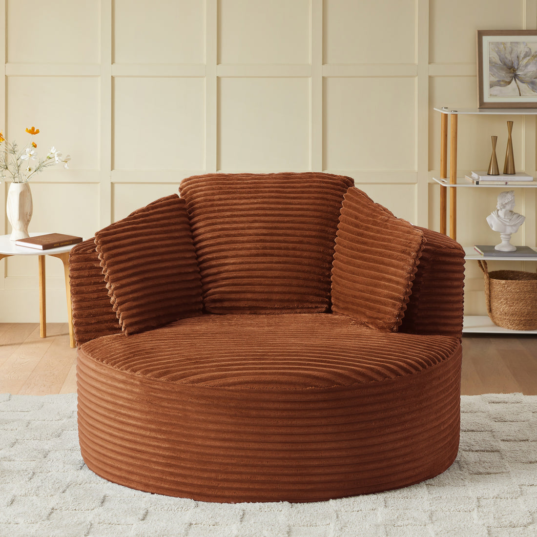 FFH 48.8" Oversized Accent Barrel Chair, Fluffy Round Lazy Sofa Chair for Adults, No Assembly Required, Orange Corduroy