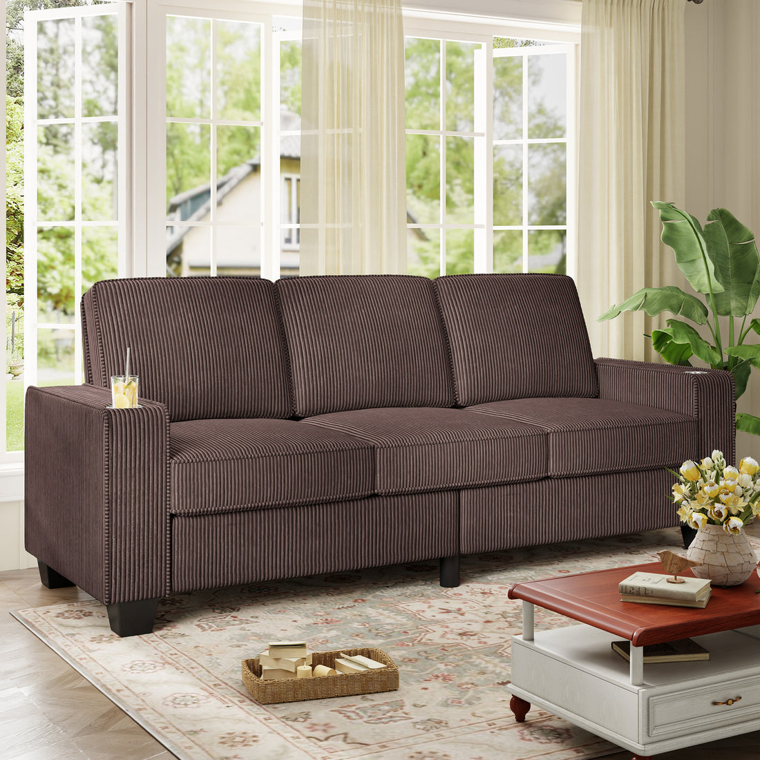FFH 83.5" Living Room Sofa with Cup Holders, Cozy Plush Upholstered Couch, Corduroy Sofa 3-Seater, Brown