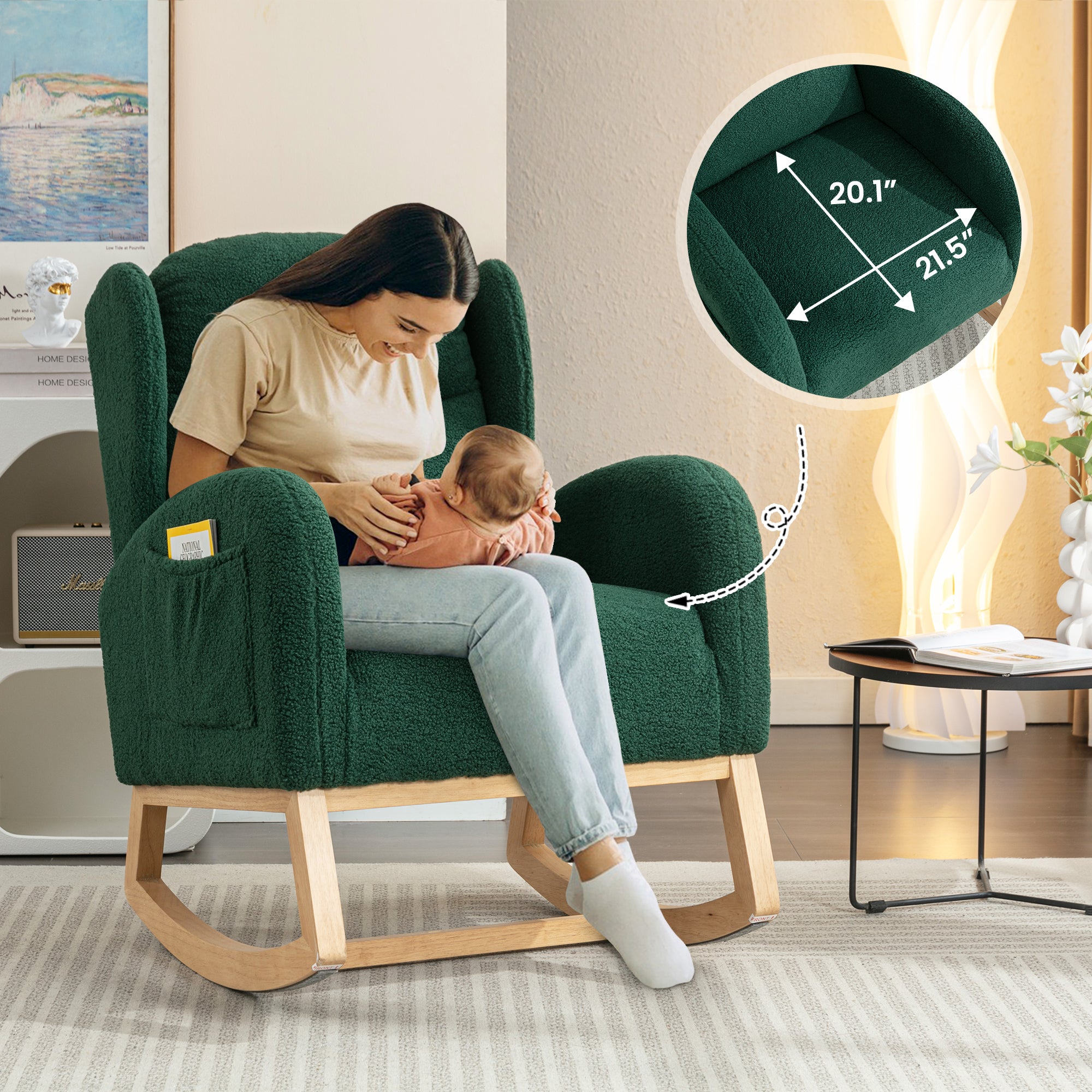 FFH Wingback Glider Rocking Chair for Baby Nursery, Adult, Indoor, Green Teddy