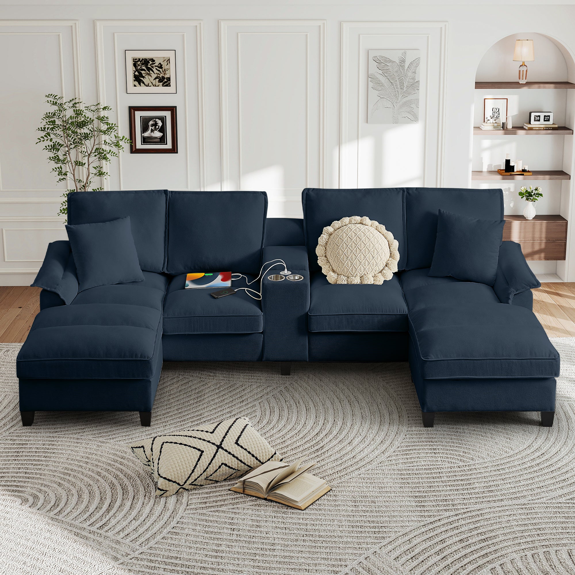 FFH 120" U-Shaped Sectional Sofa with USB & Storage, Living Room 4-Seater Couch with Double Chaise Lounge, Cup Holders, Blue Corduroy