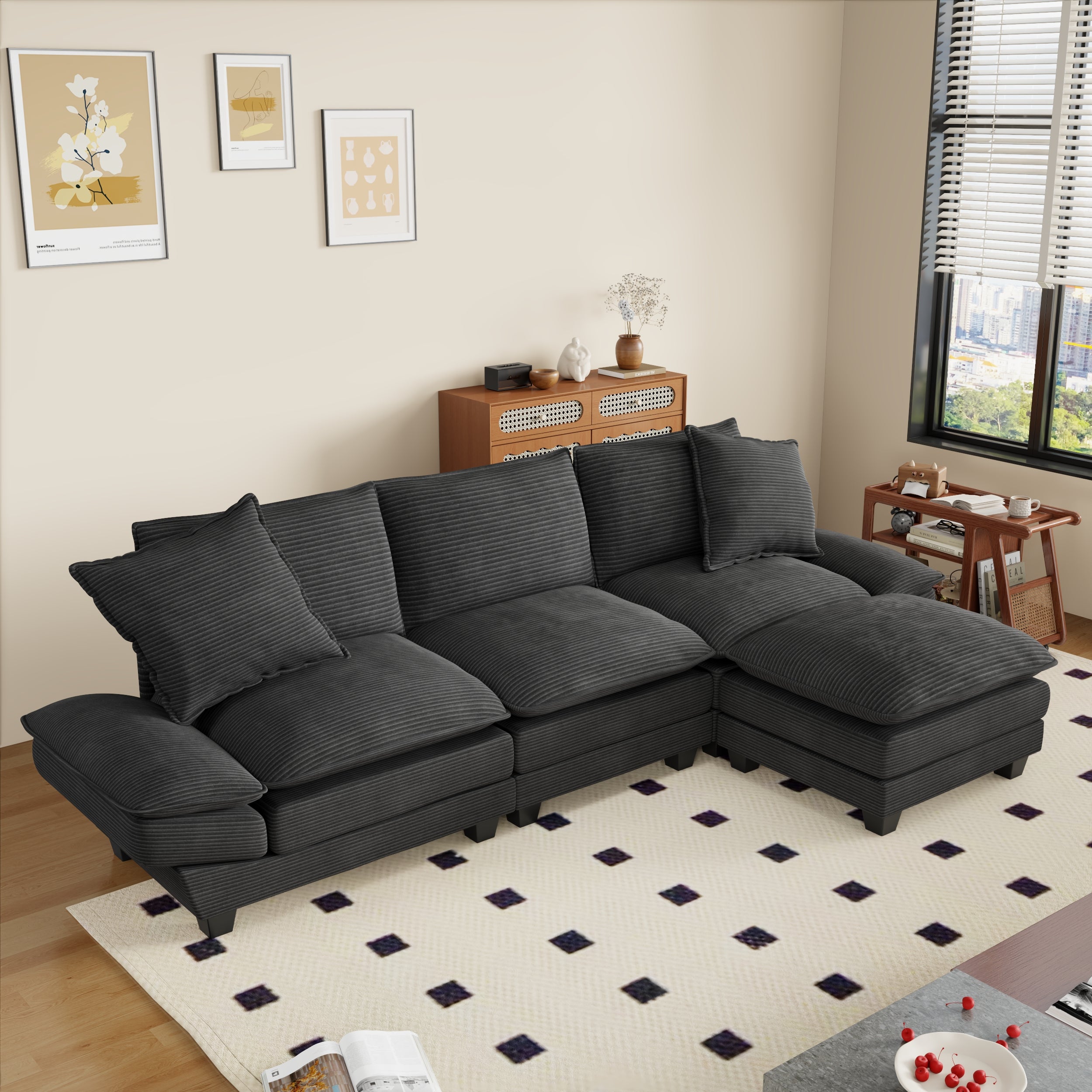 FFH 108" Modular Sectional Sofa with Ottoman, L-Shaped Sleeper Couch for Living Room, Beige Corduroy