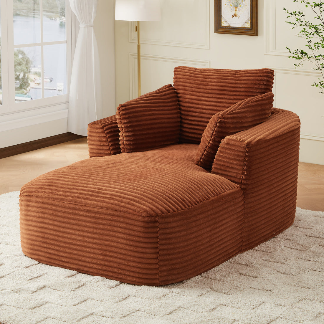 FFH Chaise Lounge Indoor, Cozy Lounge Chair Sleeper Sofa for Adults, No Assembly Required, Orange Corduroy