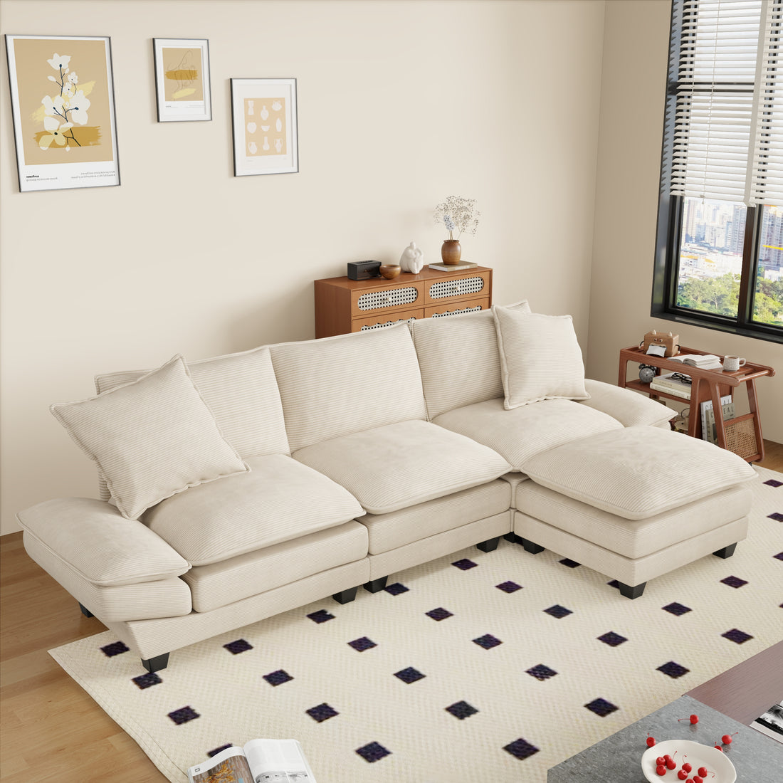 FFH 108" Modular Sectional Sofa with Ottoman, L-Shaped Sleeper Couch for Living Room, Beige Corduroy