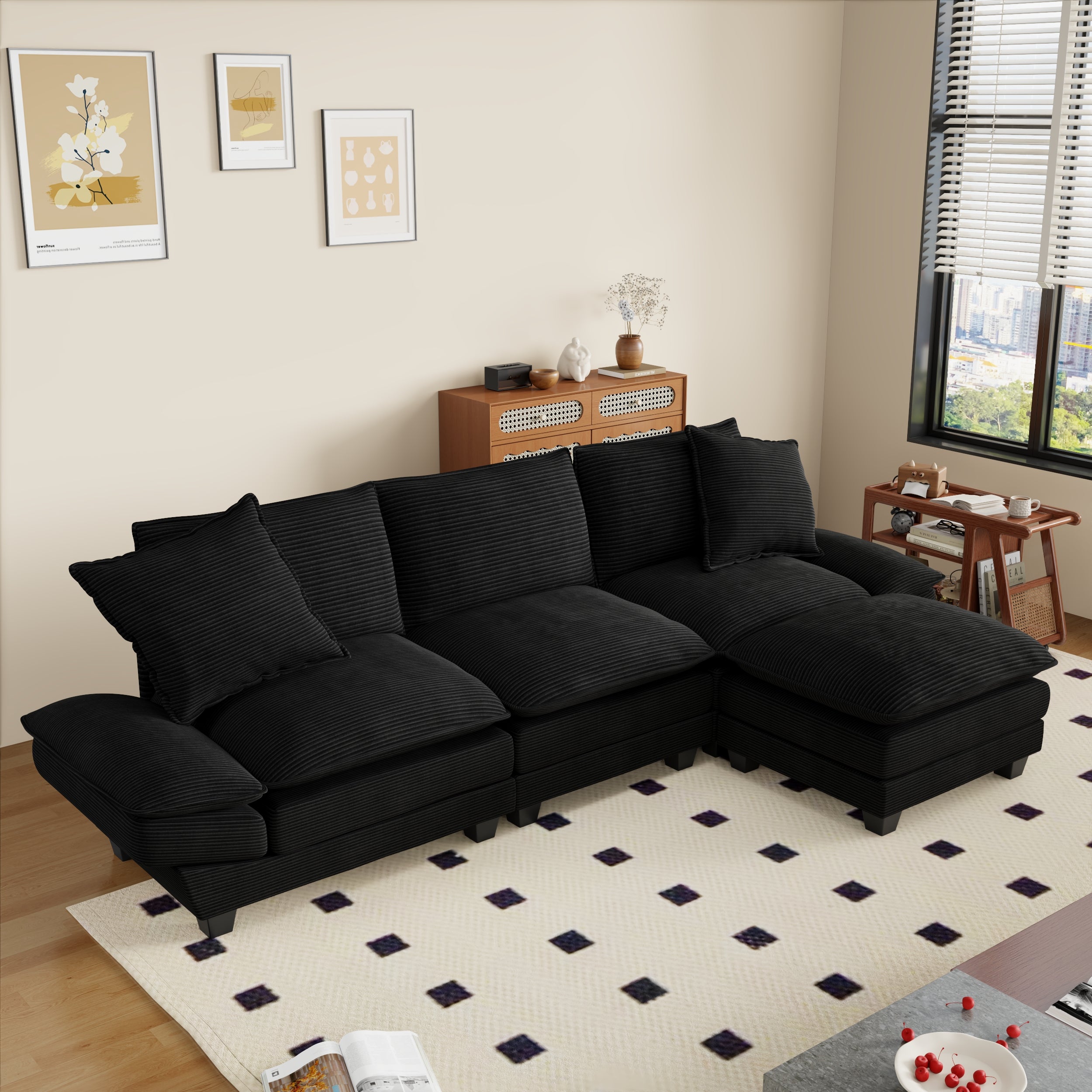 FFH 108" Modular Sectional Sofa with Ottoman, L-Shaped Sleeper Couch for Living Room, Beige Corduroy