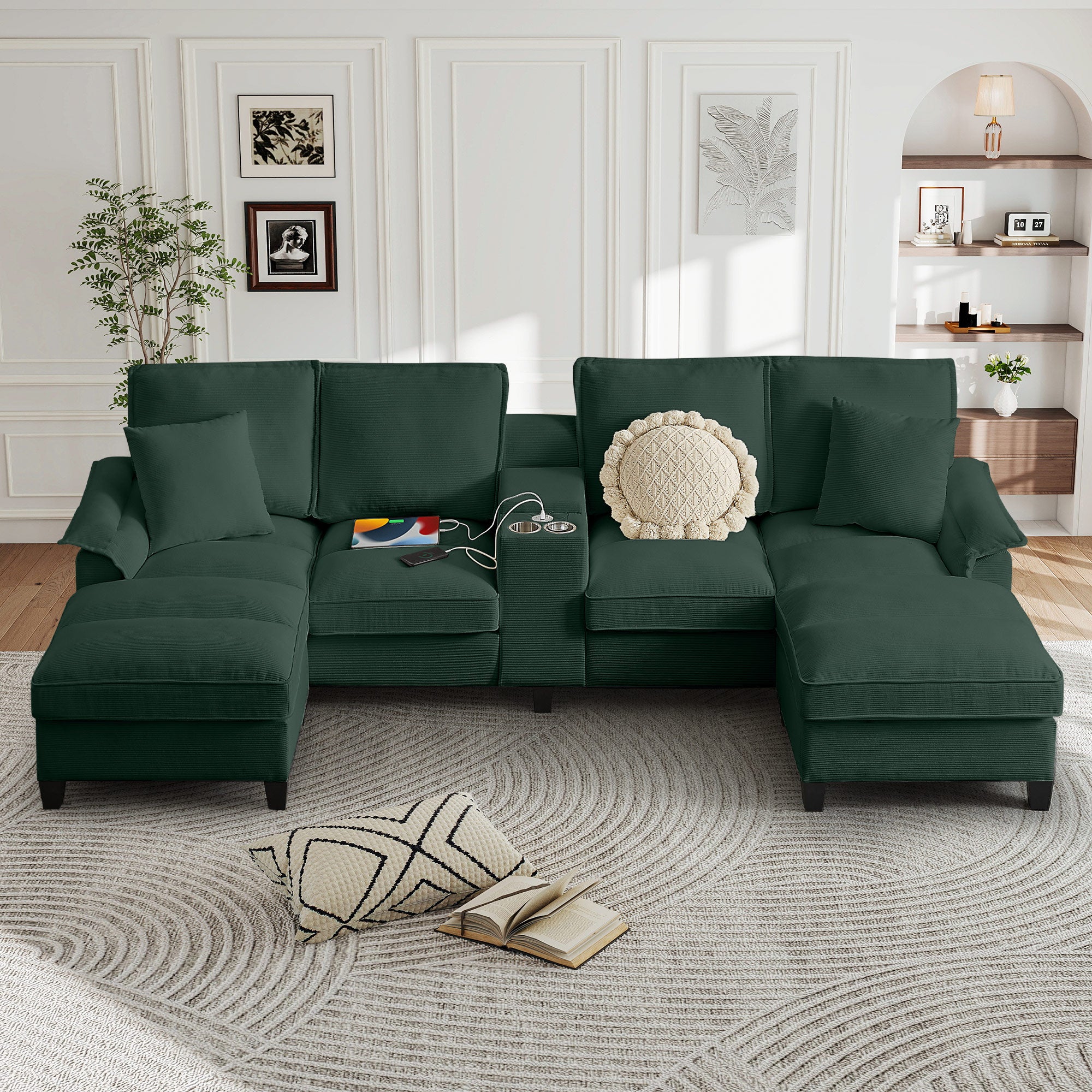 FFH 120" U-Shaped Sectional Sofa with USB & Storage, Living Room 4-Seater Couch with Double Chaise Lounge, Cup Holders, Green Corduroy