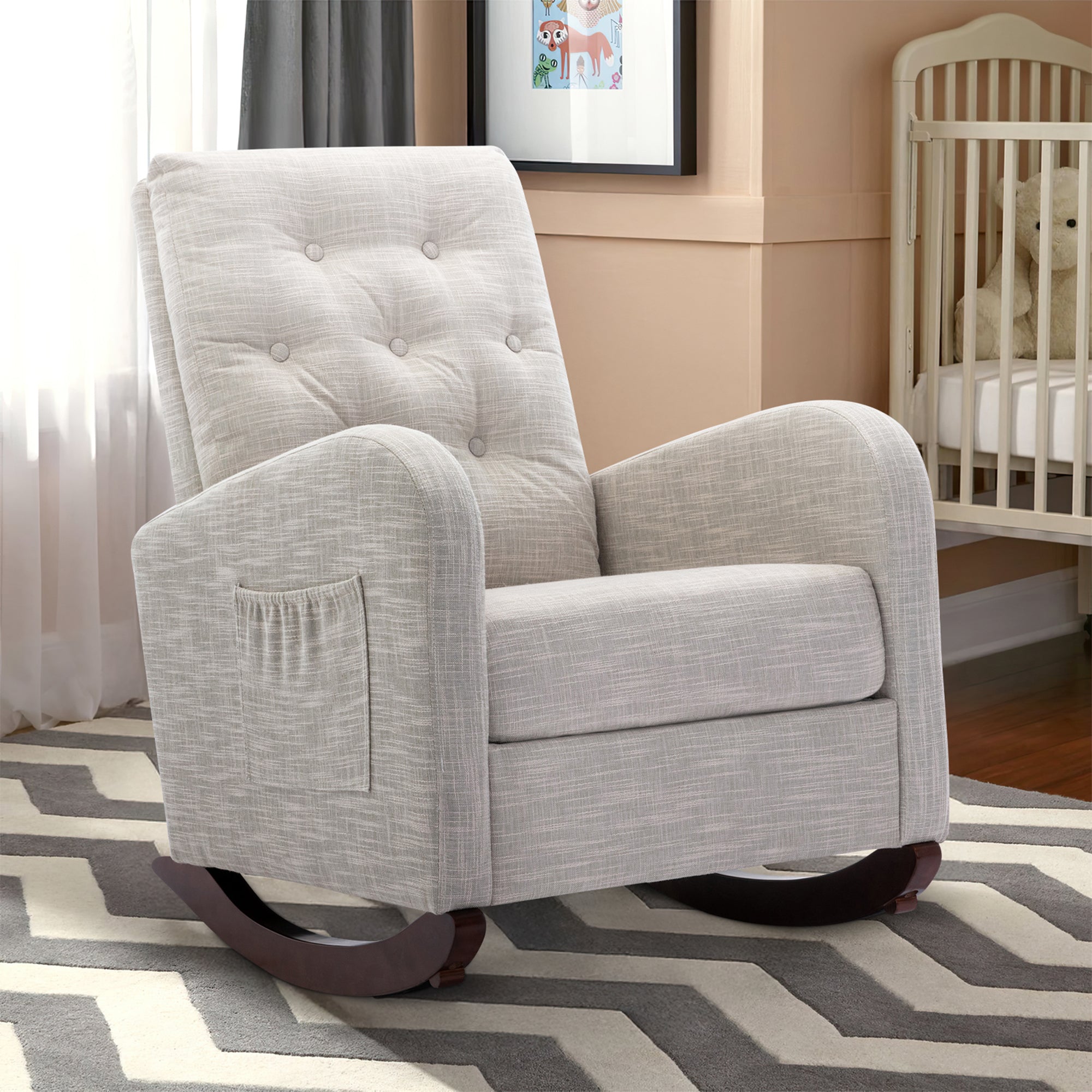 FFH Glider Rocker for Living Room, Rocking Chair for Nursery, Tufted High Back, Light Gray Linen