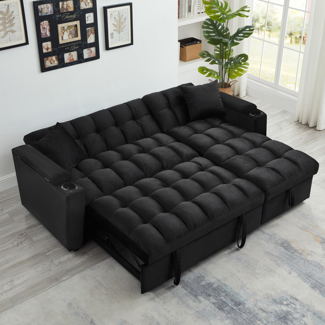 FFH Convertible Sleeper Sofa with Storage Armrests, USB, Cup Holders, L-Shaped Sectional Sofa with Storage Chaise, Pull Out Sofa Bed in Black Velvet