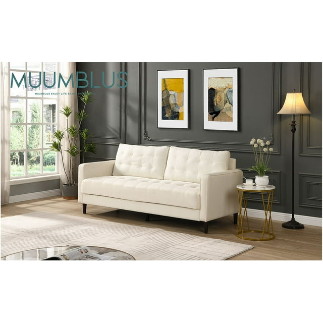 FFH 75 " Fabric Tufted Upholstered Sofa Couch with Square Arm, Modern 3 Seater Sofa for Living Room, Beige