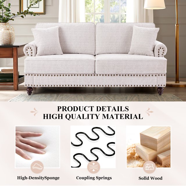 FFH Mid-Century Loveseat Sofa, 2 Seater Sofa with Nailhead, 61" Chenille Upholstered Couches for Living Room, White