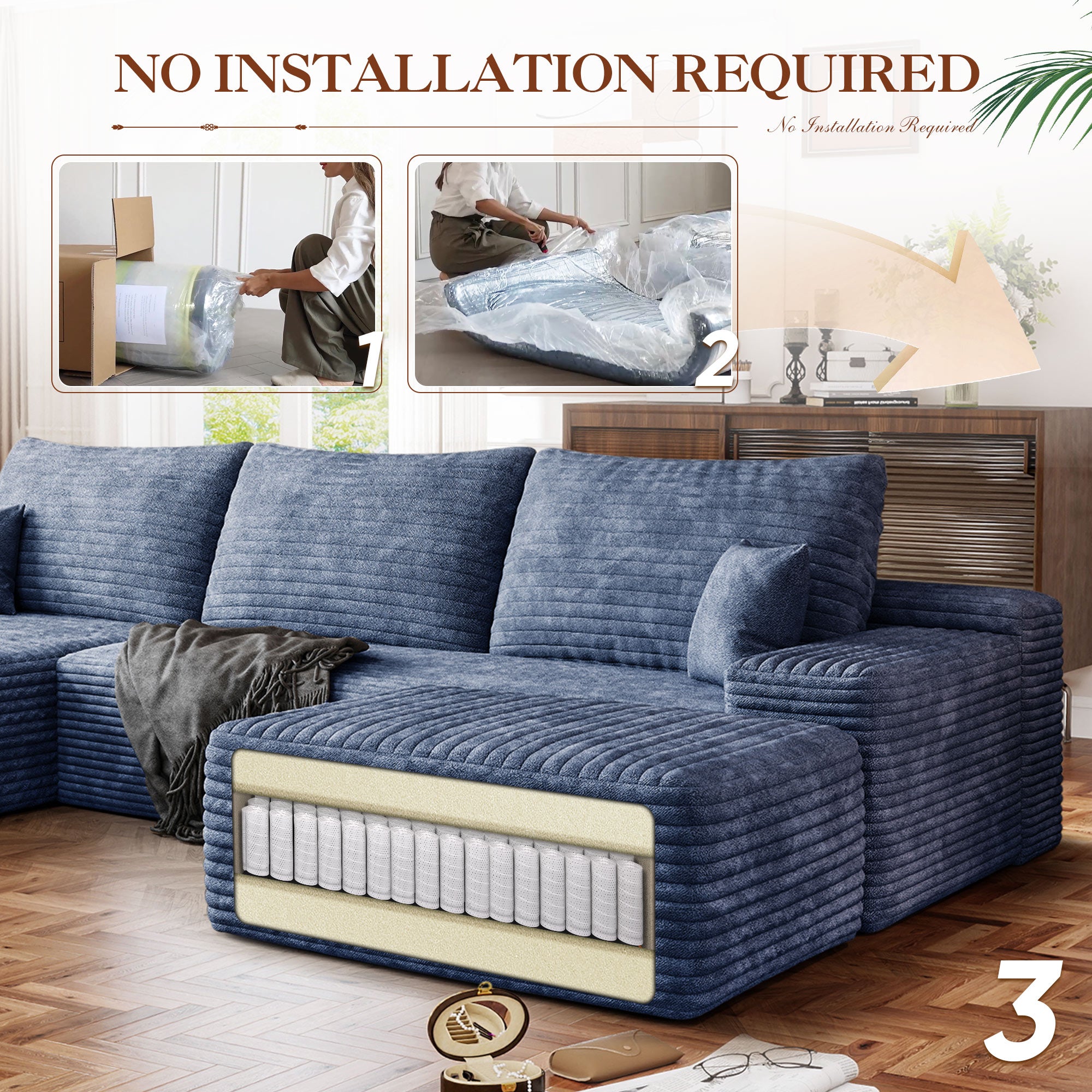 FFH 107" Cloud Sectional Sofa with Right Chaise, Cozy U-Shaped Modular Sofa with Ottoman, Plush Corduroy Sleeper Bed Couch, No Assembly Required, Blue
