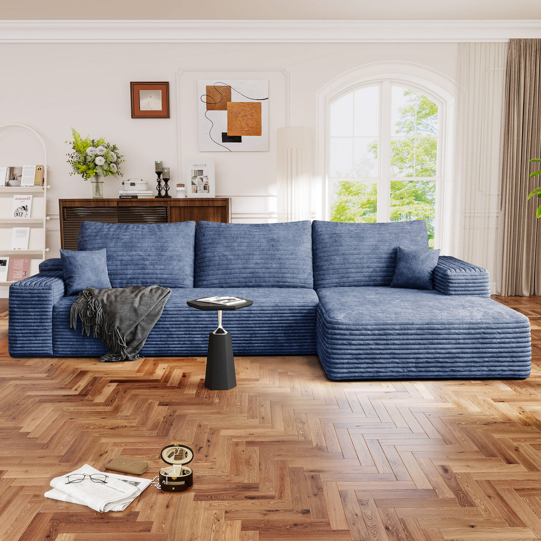 FFH 107" Cloud Sectional Sofa with Right Chaise, Cozy L-Shaped Modular Sofa, Plush Corduroy Sleeper Bed Couch, No Assembly Required, Blue