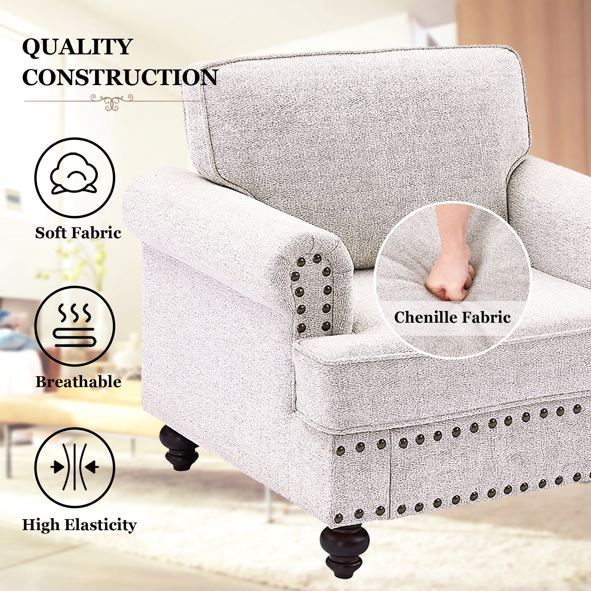 FFH Mid-Century Single Sofa Accent Chair, Chenille Upholstered Armchair with Nailhead, 38" Small Couch for Living Room, White