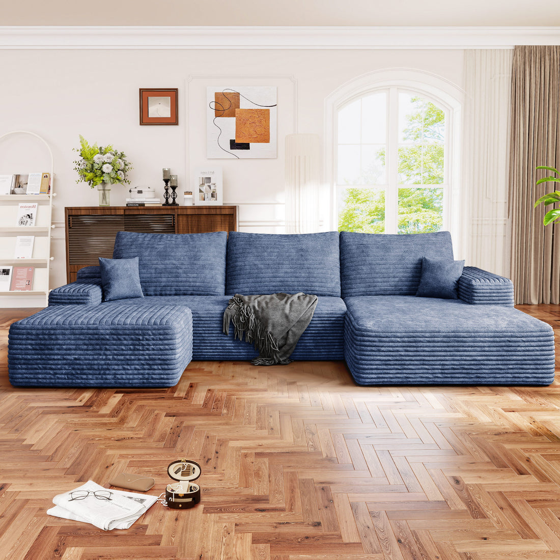 FFH 107" Cloud Sectional Sofa with Right Chaise, Cozy U-Shaped Modular Sofa with Ottoman, Plush Corduroy Sleeper Bed Couch, No Assembly Required, Blue