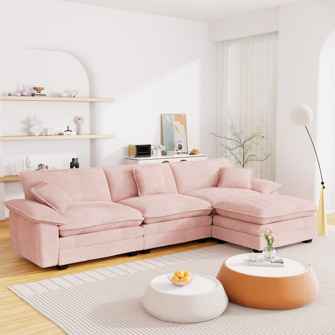 FFH Modular Sectional Cloud Couch with Ottoman, Oversized L-Shaped Corduroy Sofa for Living Room, Pink
