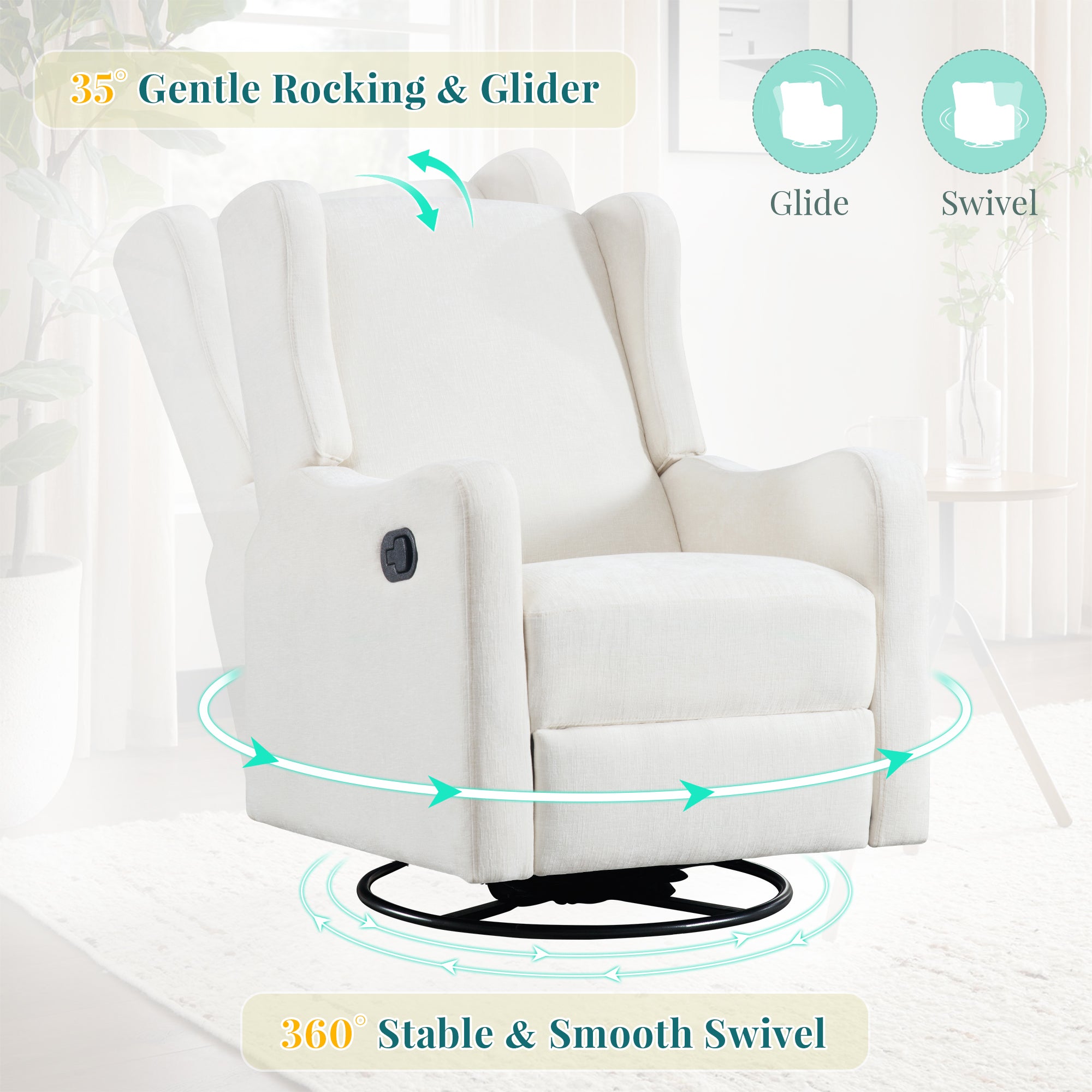 FFH Wingback Swivel Recliner, Glider Rocking Chair for Living Room, Nursery Rocker, Beige Chenille
