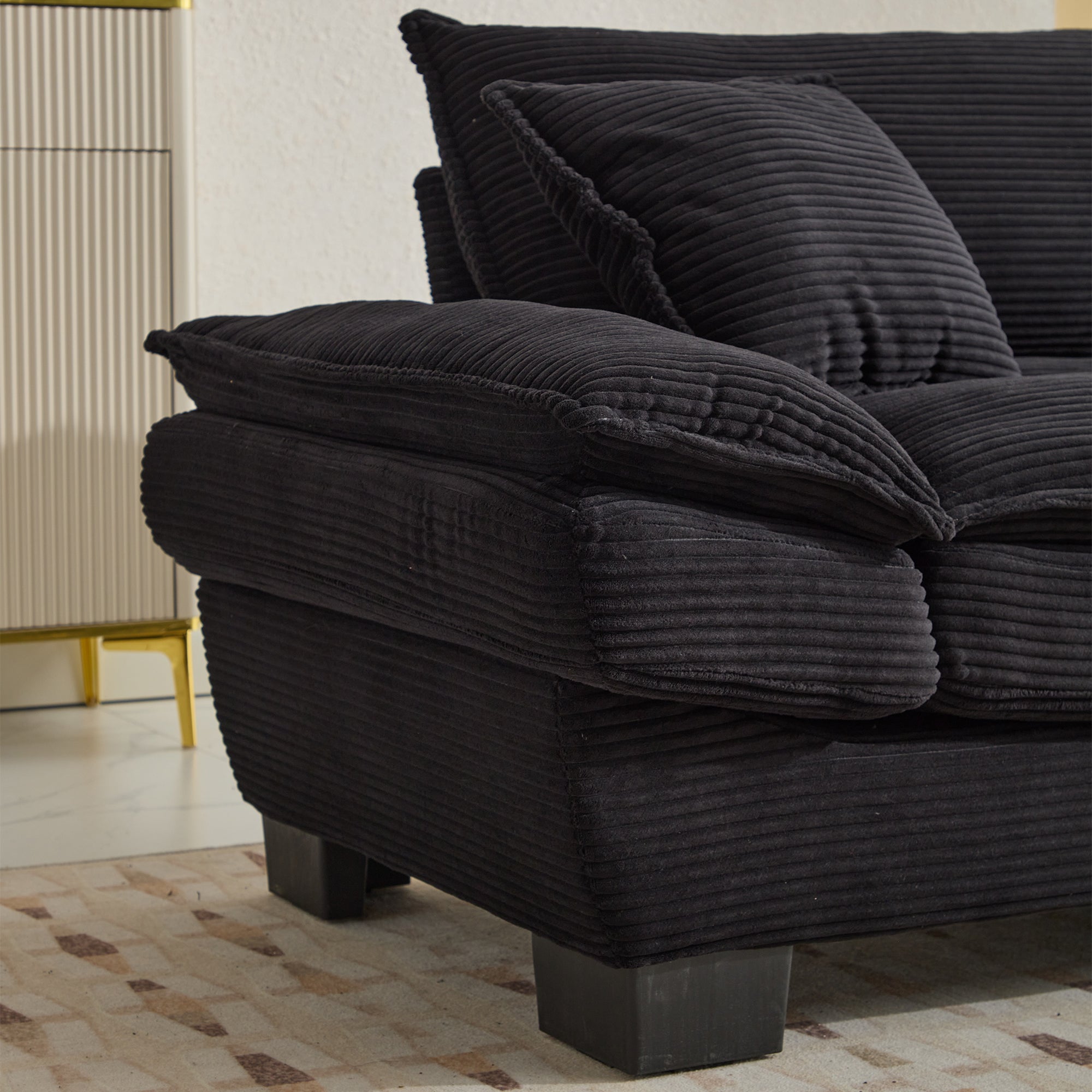 FFH 80"L Corduroy Deep Seat Sofa, Upholstered 3-Seater Sleeper Couch for Living Room, Black