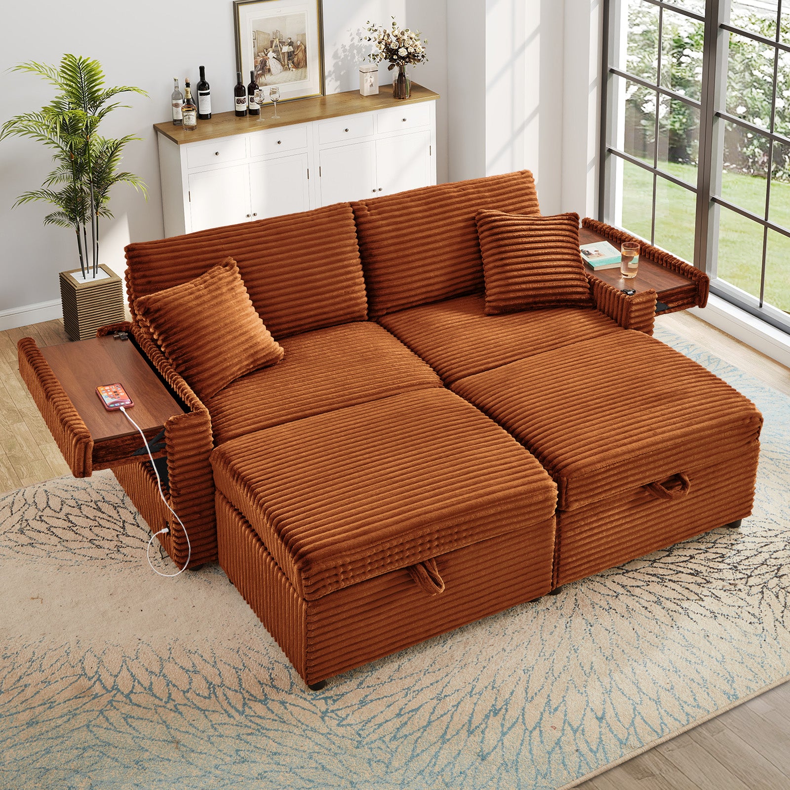 FFH Loveseat Sectional Sofa with 2 Storage Ottomans, Modular Cloud Couch with 2 Side Tables & USB, Plush Double Chaise Lounge Sofa Bed Indoor, Orange Corduroy