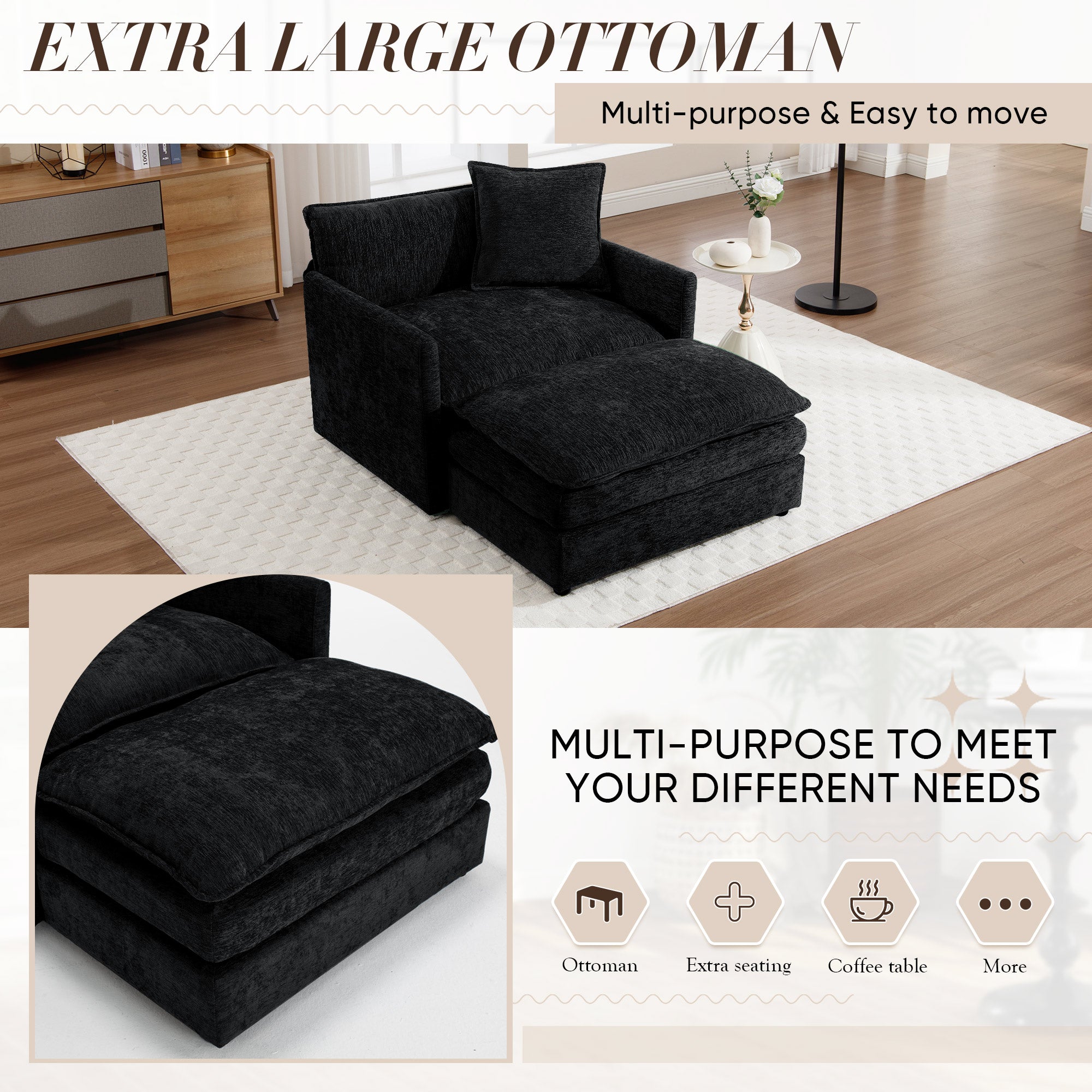 FFH Oversized Lounge Chair with Ottoman, Cloud Accent Armchair for Living Room, Black Chenille