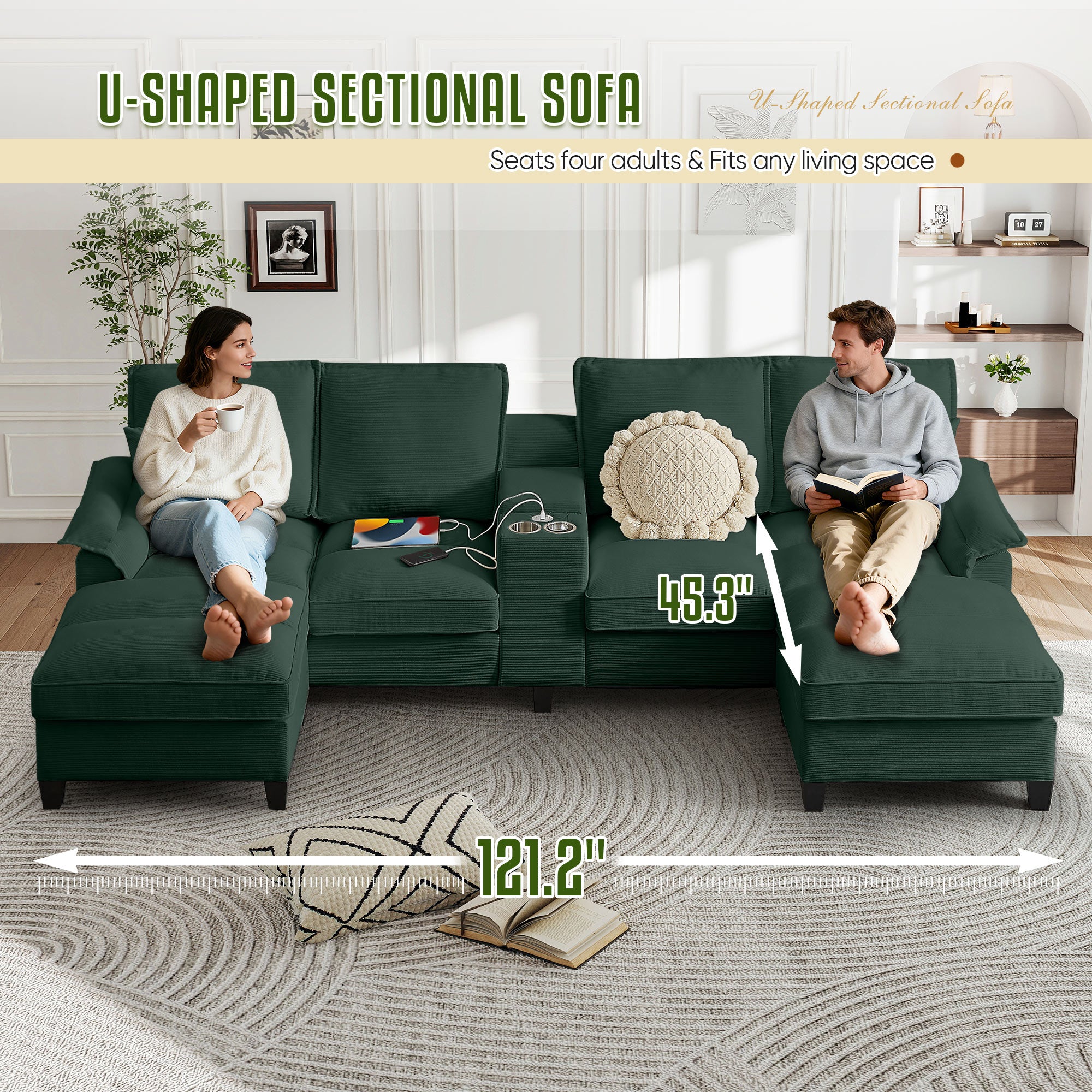 FFH 120" U-Shaped Sectional Sofa with USB & Storage, Living Room 4-Seater Couch with Double Chaise Lounge, Cup Holders, Green Corduroy