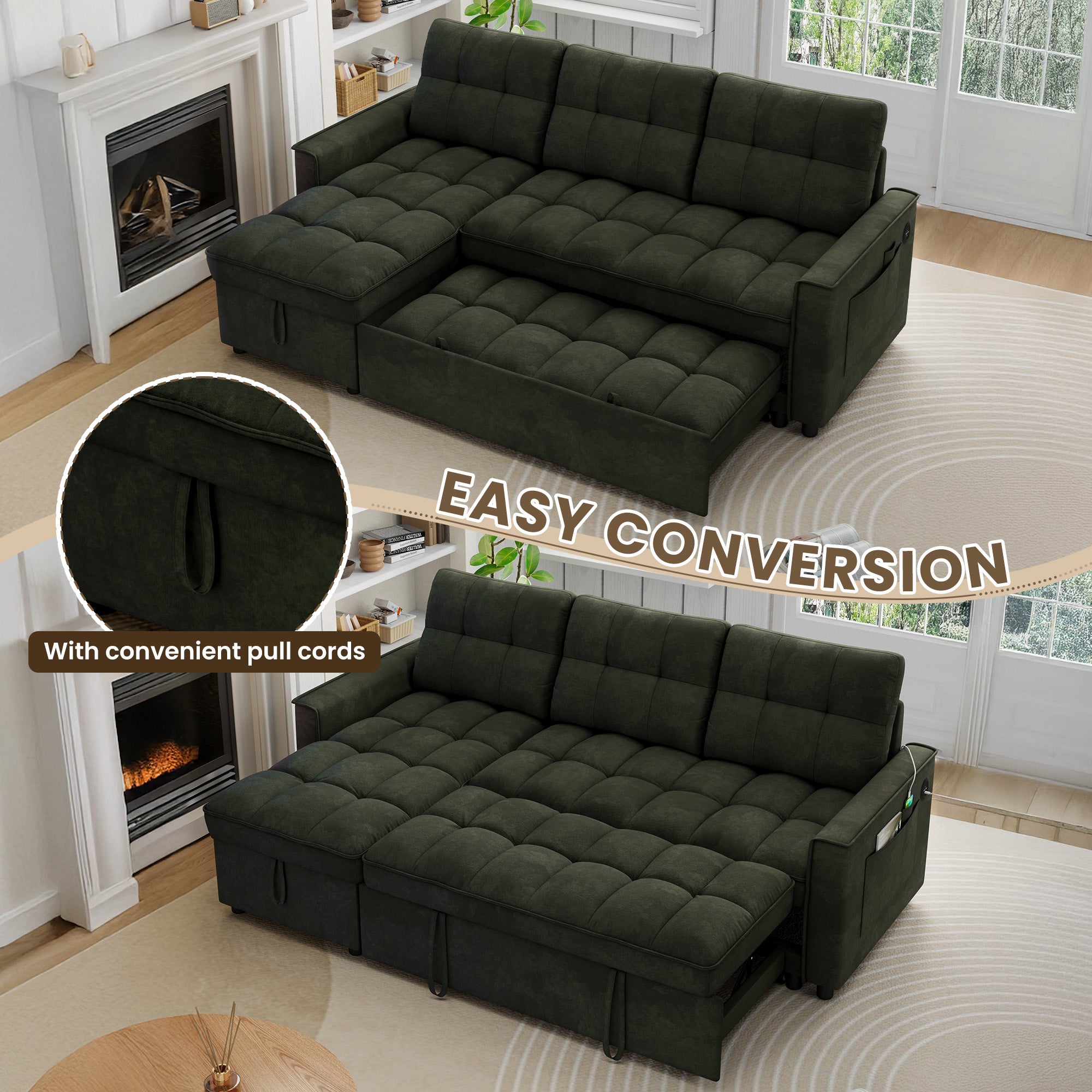 FFH Convertible Sofa Bed, Sectional Sleeper Sofa with Storage Chaise, L-Shaped Couch for Living Room, Green Chenille