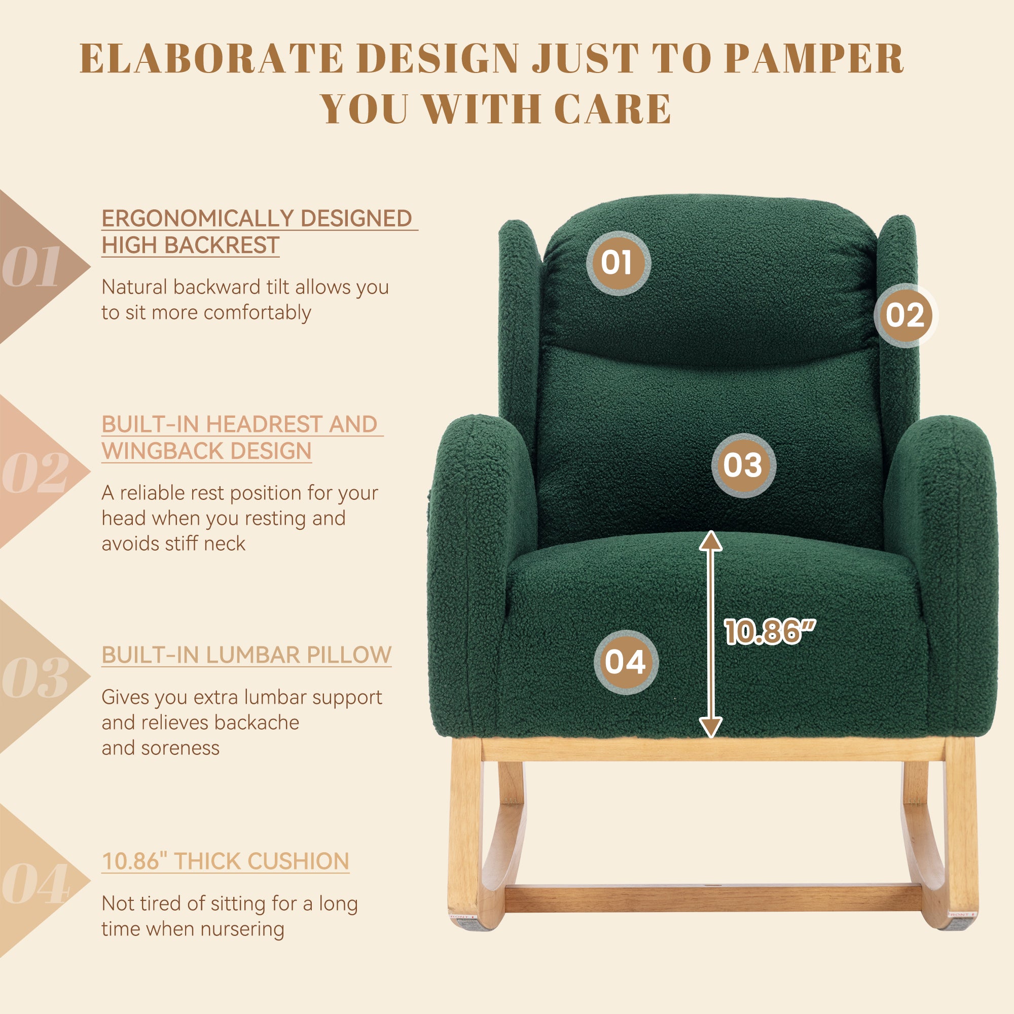 FFH Wingback Glider Rocking Chair for Baby Nursery, Adult, Indoor, Green Teddy