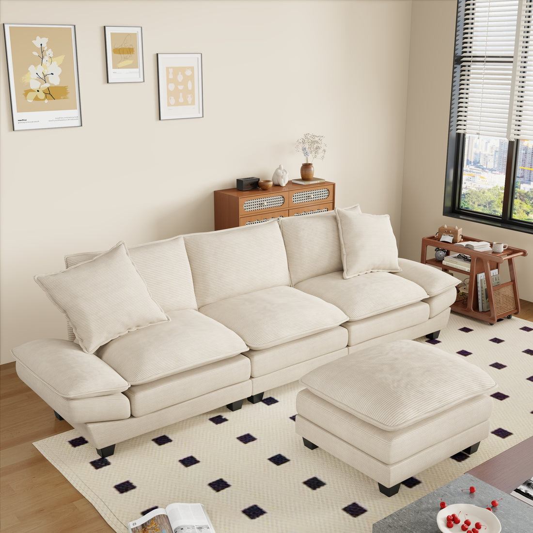 FFH 108" Modular Sectional Sofa with Ottoman, L-Shaped Sleeper Couch for Living Room, Beige Corduroy