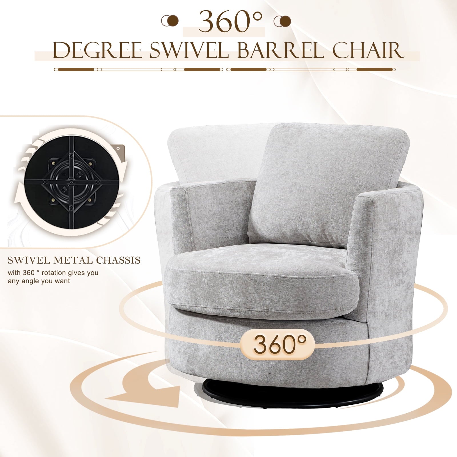 FFH Chenille Swivel Accent Chair, Barrel Chair Comfy Round Armchair Sofa Chair Sherpa Chair for Living Room & Nursery, Gray