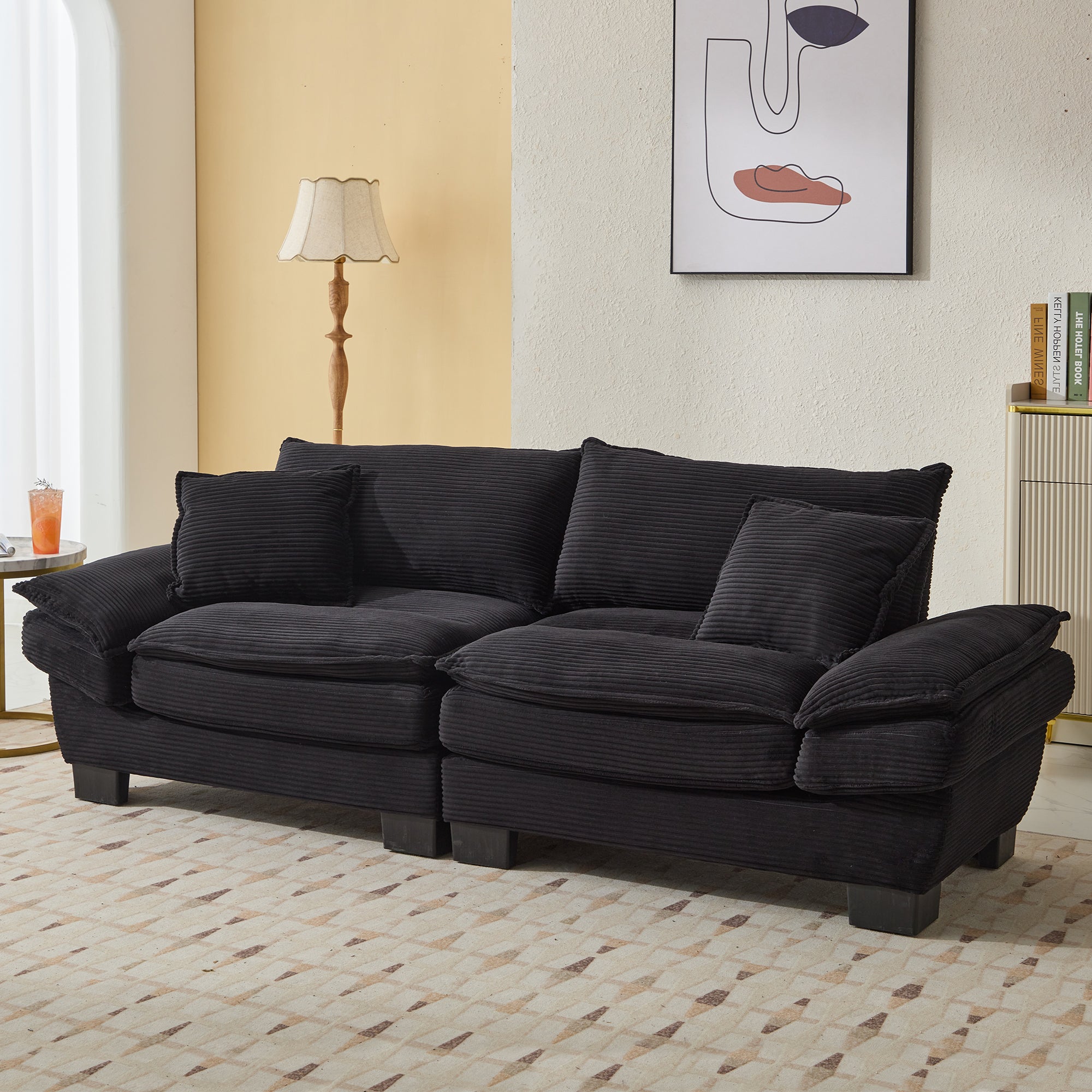 FFH 80"L Corduroy Deep Seat Sofa, Upholstered 3-Seater Sleeper Couch for Living Room, Black