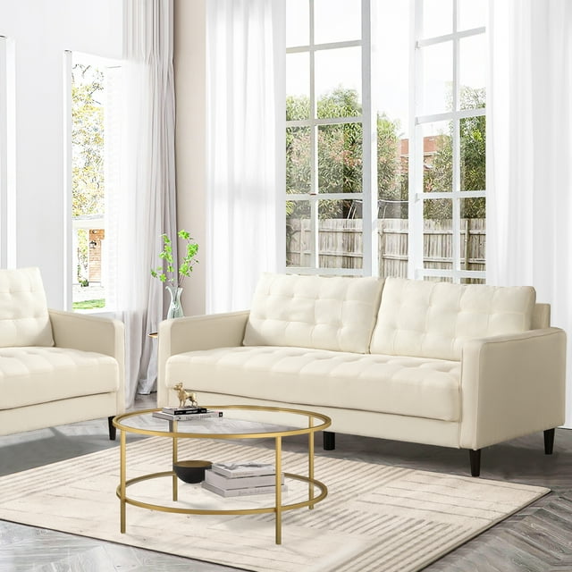 FFH 75 " Fabric Tufted Upholstered Sofa Couch with Square Arm, Modern 3 Seater Sofa for Living Room, Beige