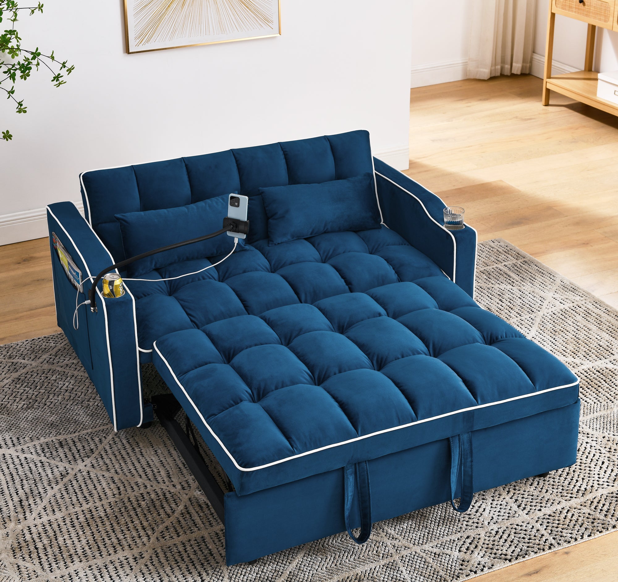 FFH 3-in-1 Convertible Loveseat Sleeeper, Futon Sofa Bed with Phone Stand & USB, Pull Out Sofa Bed for Living Room/Apt, Blue Velvet