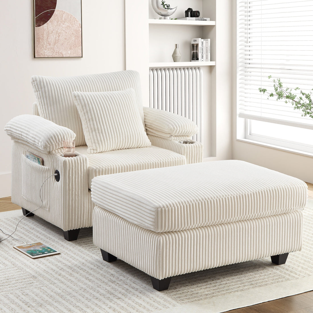 FFH Living Room Chair with Ottoman, 7-Speed Adjustable Backrest, USB & Storage Arms, Cozy Indoor Corduroy Lounge Armchair, Beige