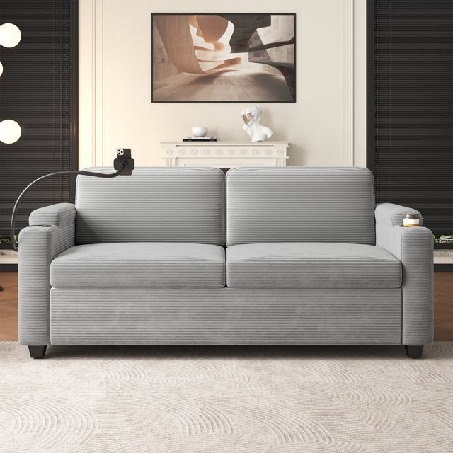 FFH Convertible Pull Out Sofa with USB Ports & Phone Holder, Upholstered Corduroy Sleeper Sofa with Side Pockets and Cup Holders, Loveseat Lounge Couch for Living Room