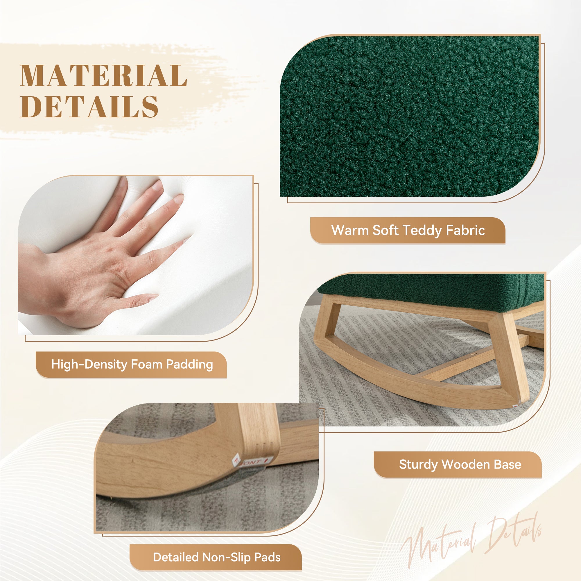 FFH Wingback Glider Rocking Chair for Baby Nursery, Adult, Indoor, Green Teddy