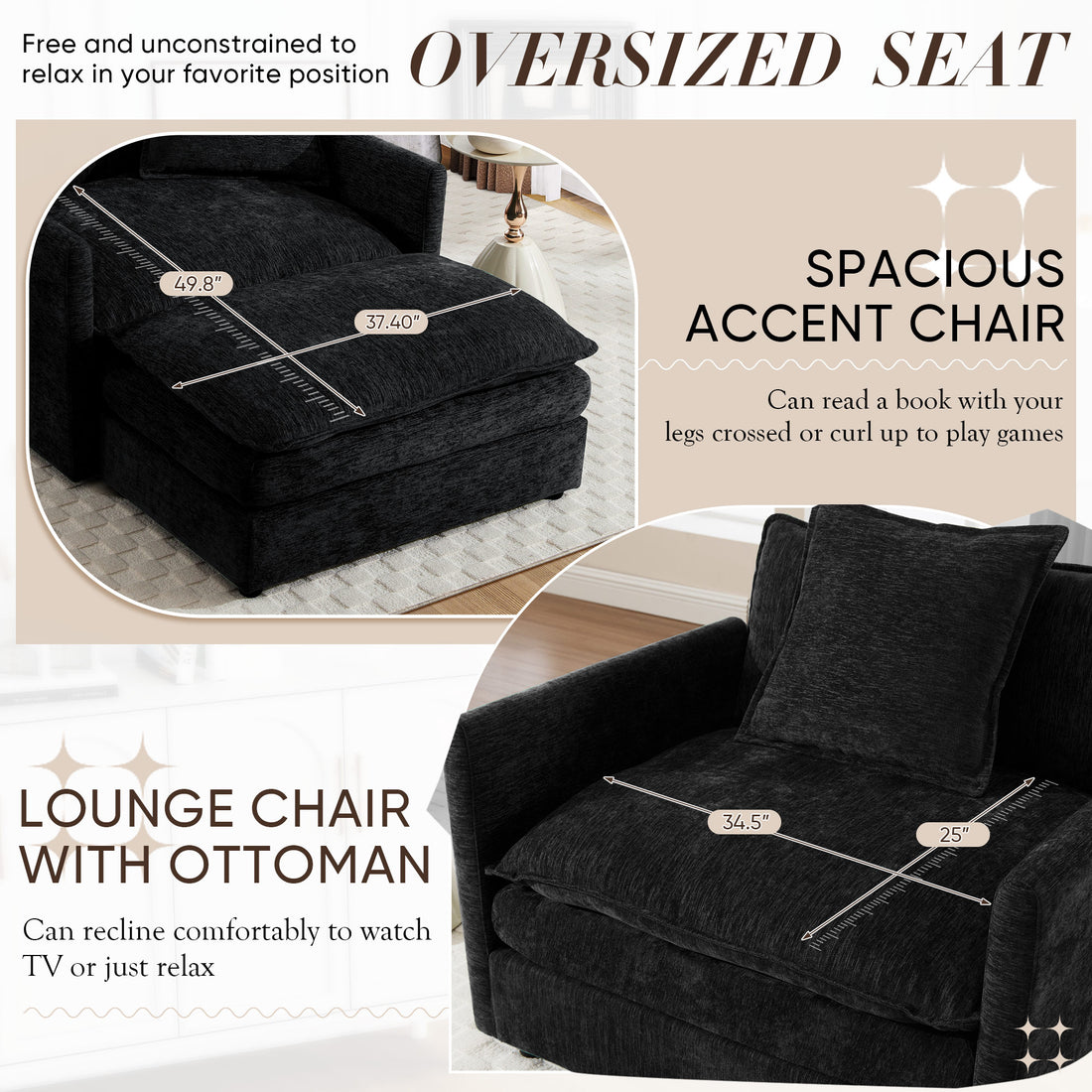 FFH Oversized Lounge Chair with Ottoman, Cloud Accent Armchair for Living Room, Black Chenille
