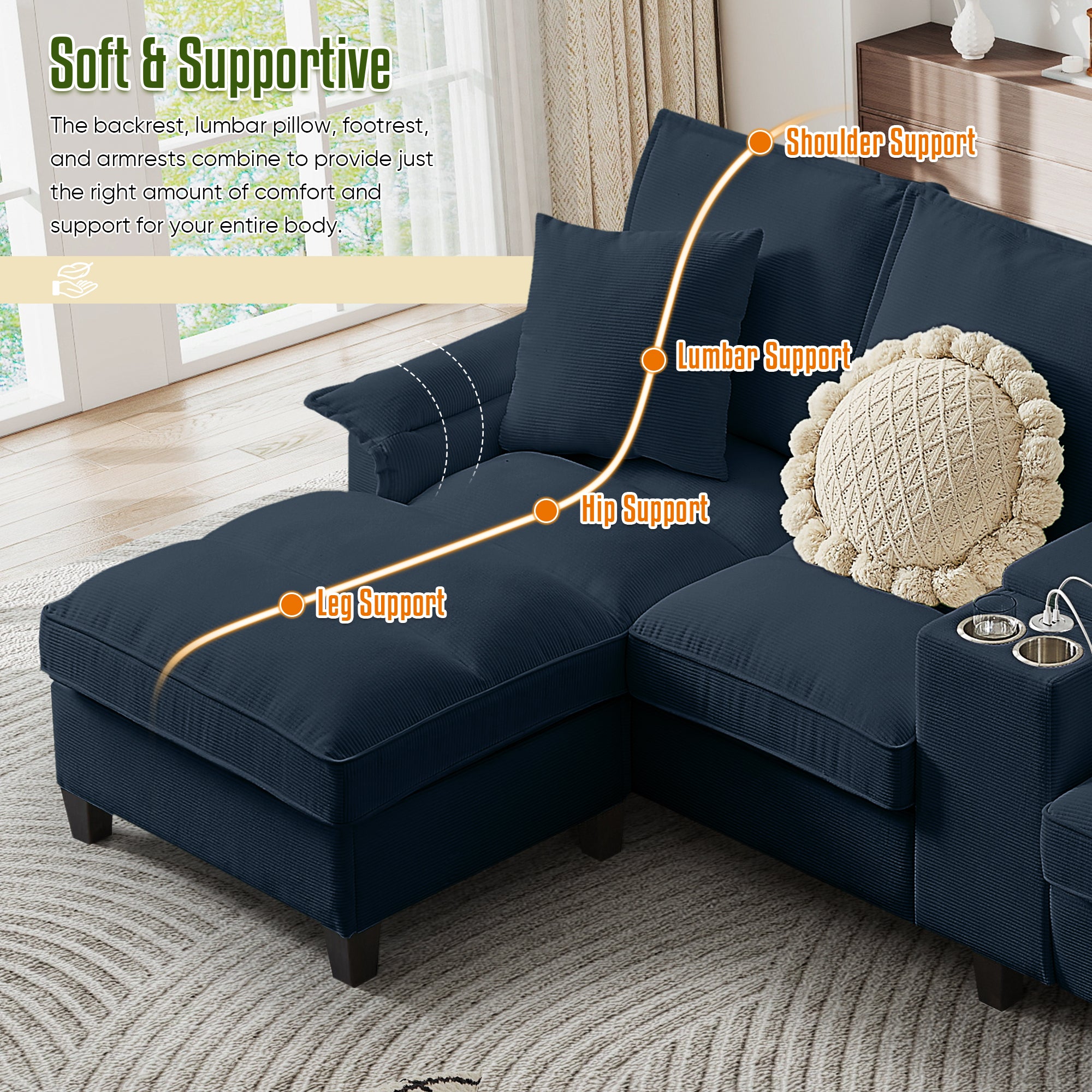 FFH 120" U-Shaped Sectional Sofa with USB & Storage, Living Room 4-Seater Couch with Double Chaise Lounge, Cup Holders, Blue Corduroy