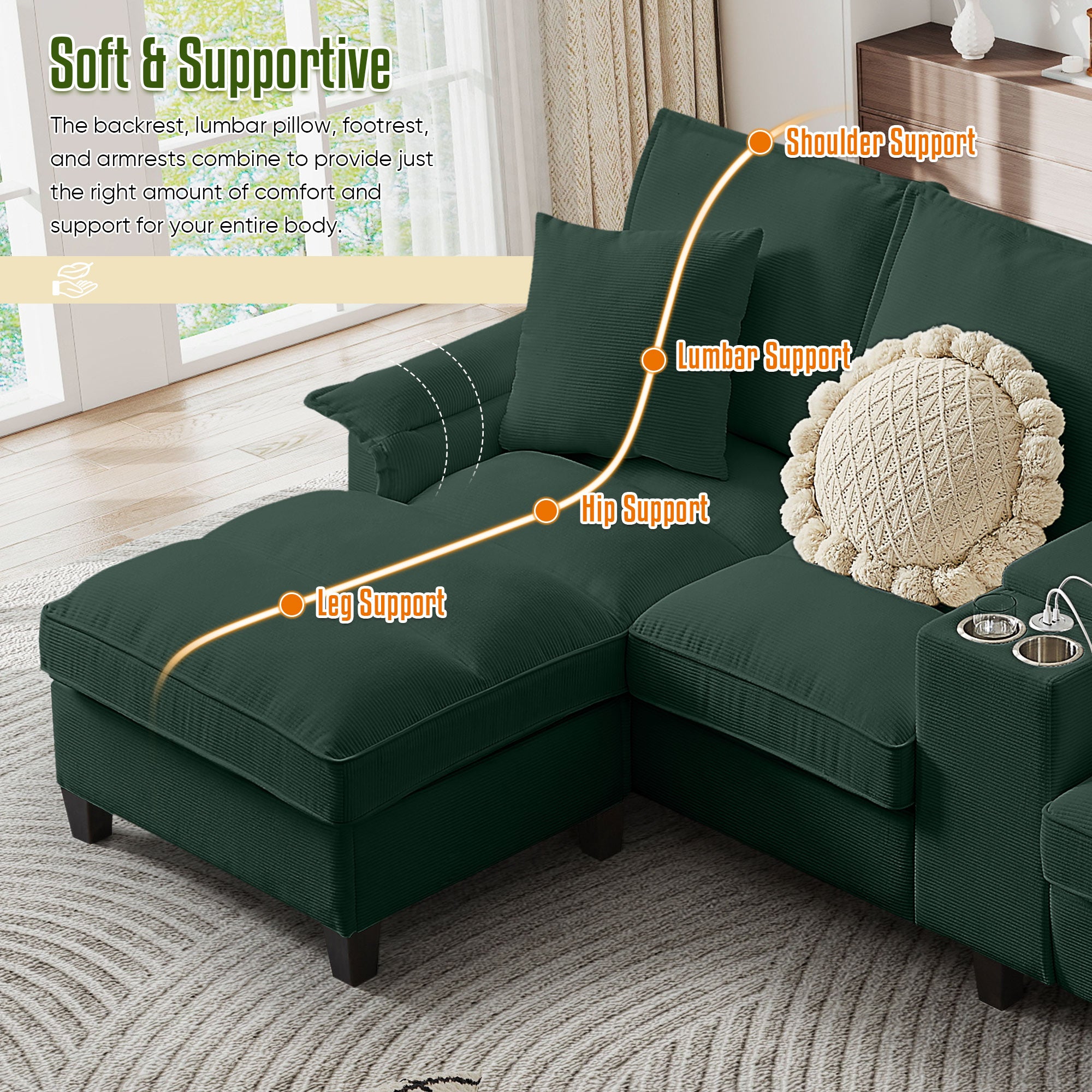 FFH 120" U-Shaped Sectional Sofa with USB & Storage, Living Room 4-Seater Couch with Double Chaise Lounge, Cup Holders, Green Corduroy