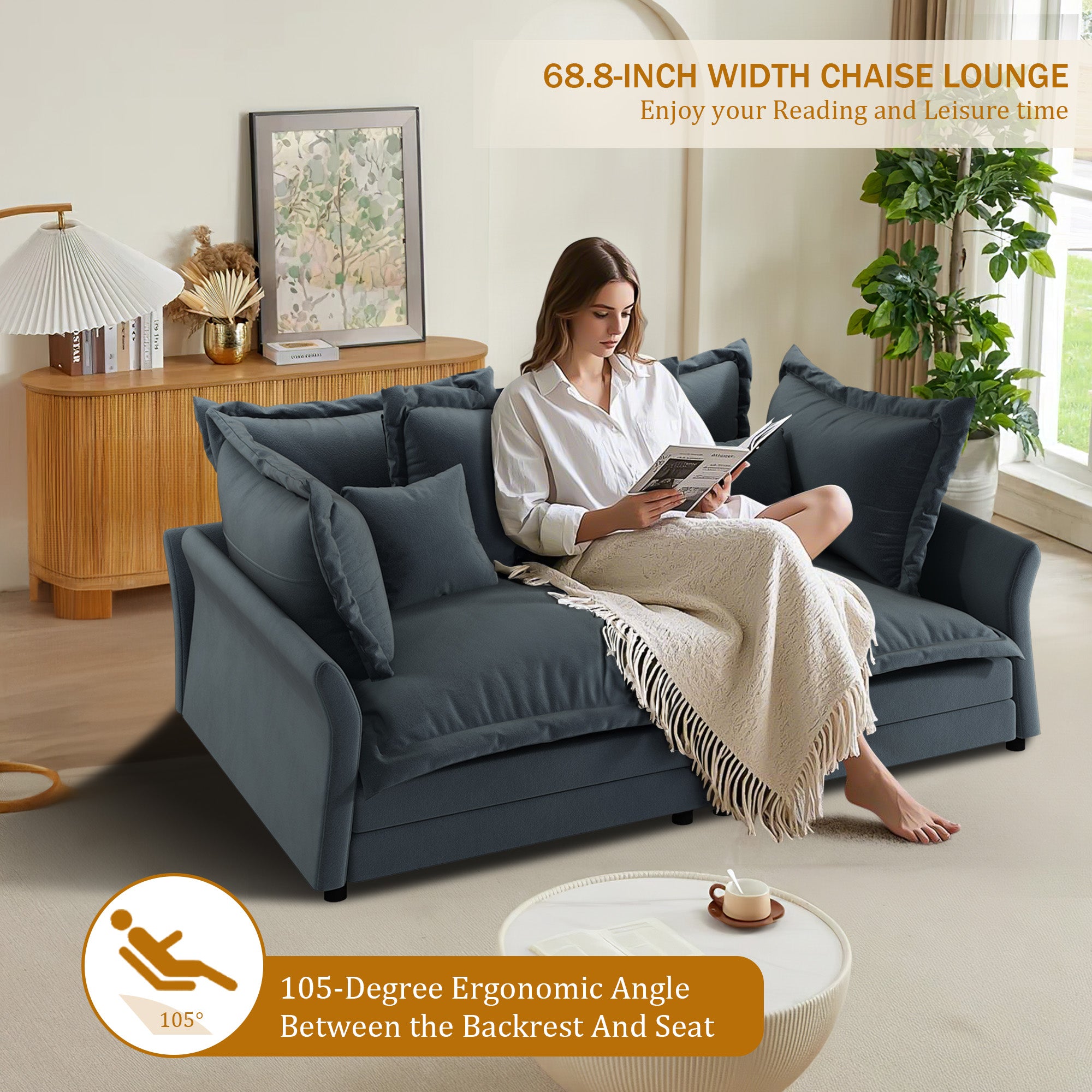 FFH 90.55" Reversible Sofa, Modern Upholstered Velvet Cloud Couch with Soft Pillows, Comfy Lounge Sofa with Deep Seat for Living Room