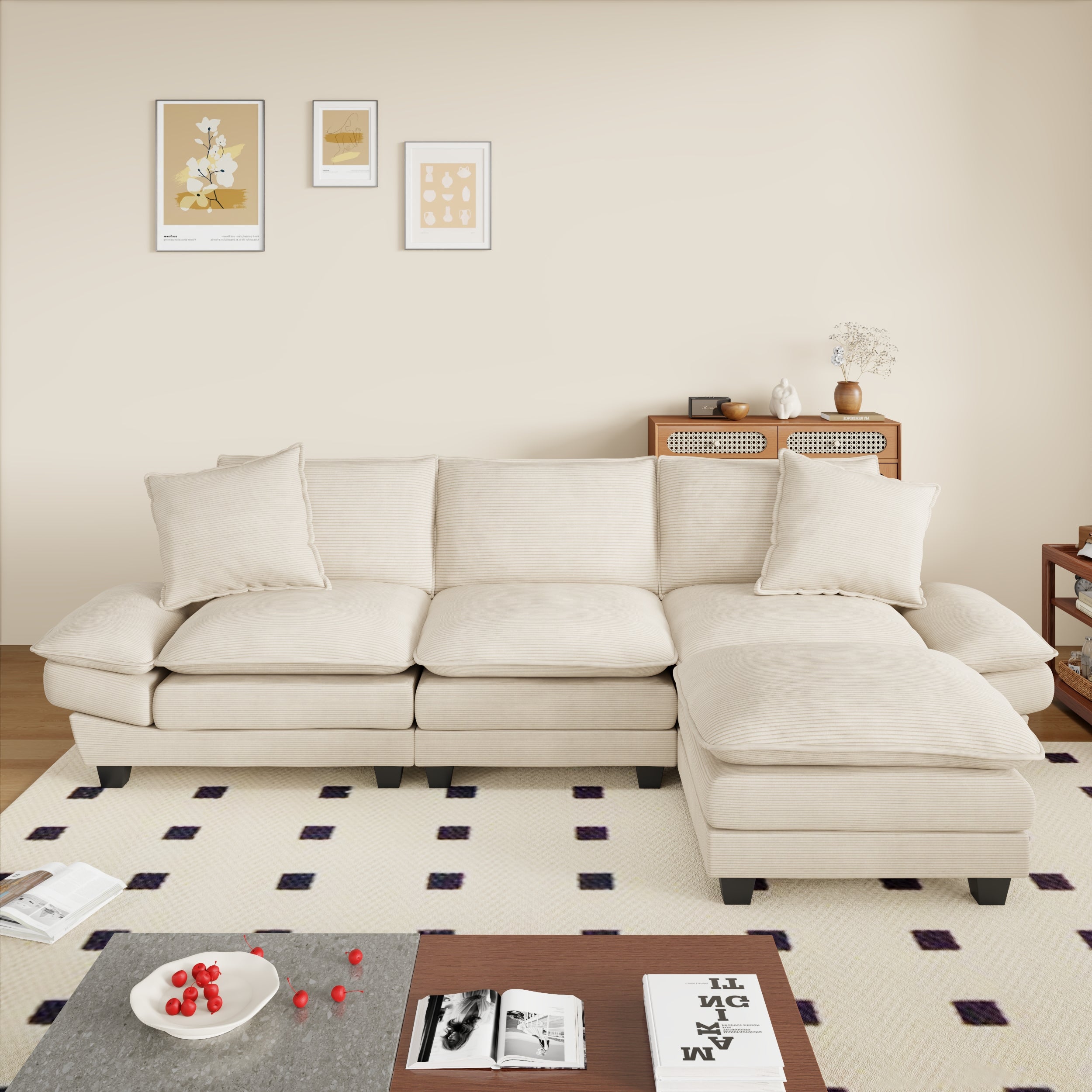 FFH 108" Modular Sectional Sofa with Ottoman, L-Shaped Sleeper Couch for Living Room, Beige Corduroy