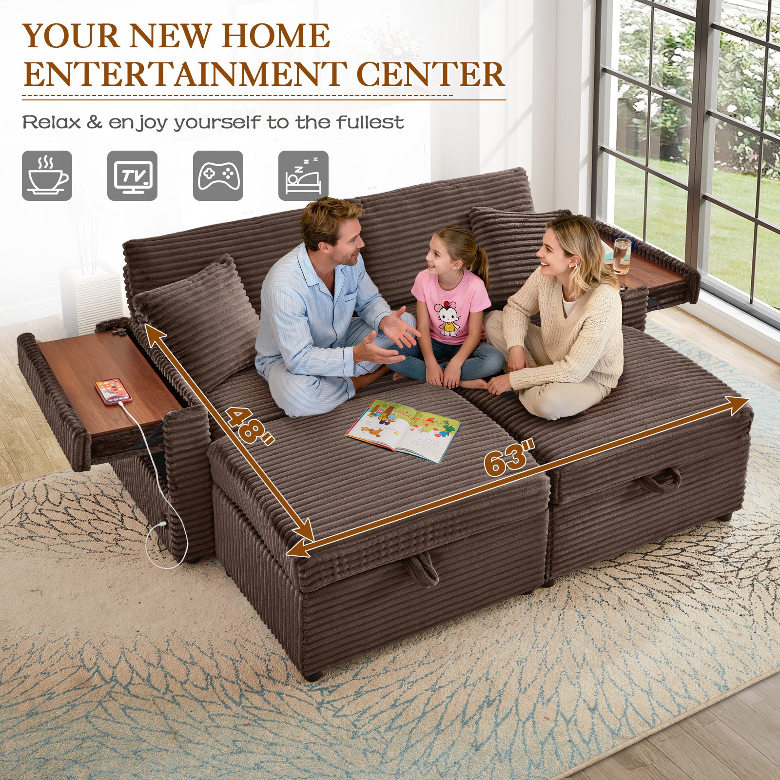 FFH Loveseat Sectional Sofa with 2 Storage Ottomans, Modular Cloud Couch with 2 Side Tables & USB, Plush Double Chaise Lounge Sofa Bed Indoor, Brown Corduroy