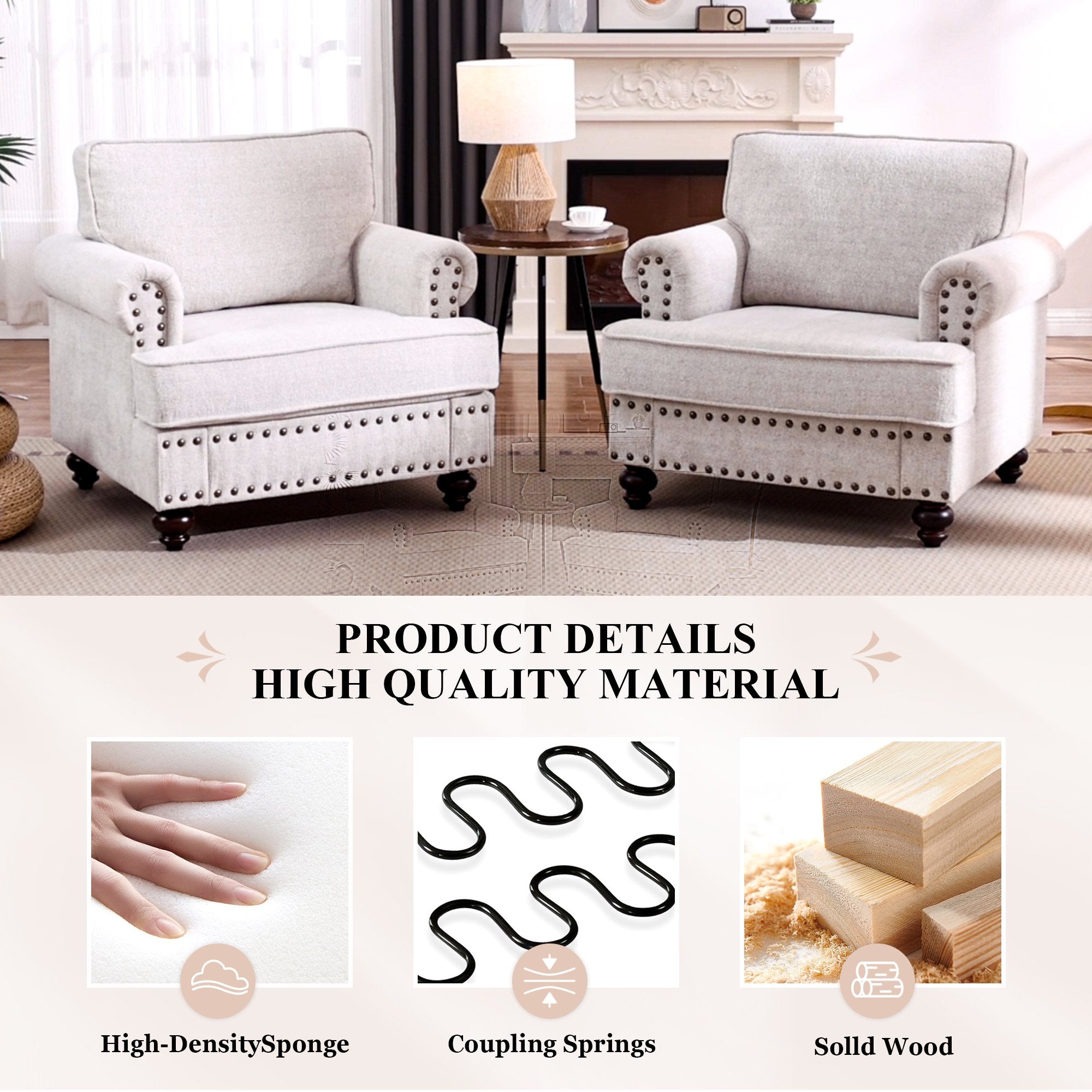 FFH Mid-Century Single Sofa Accent Chair, Chenille Upholstered Armchair with Nailhead, 38" Small Couch for Living Room, White