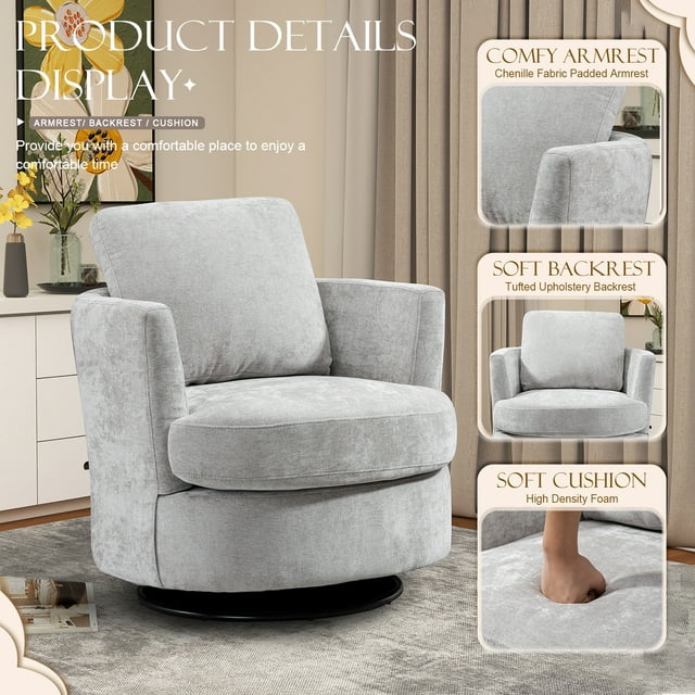 FFH Chenille Swivel Accent Chair, Barrel Chair Comfy Round Armchair Sofa Chair Sherpa Chair for Living Room & Nursery, Gray