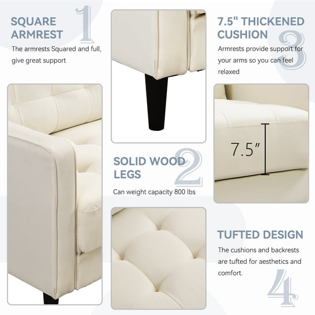 FFH 75 " Fabric Tufted Upholstered Sofa Couch with Square Arm, Modern 3 Seater Sofa for Living Room, Beige