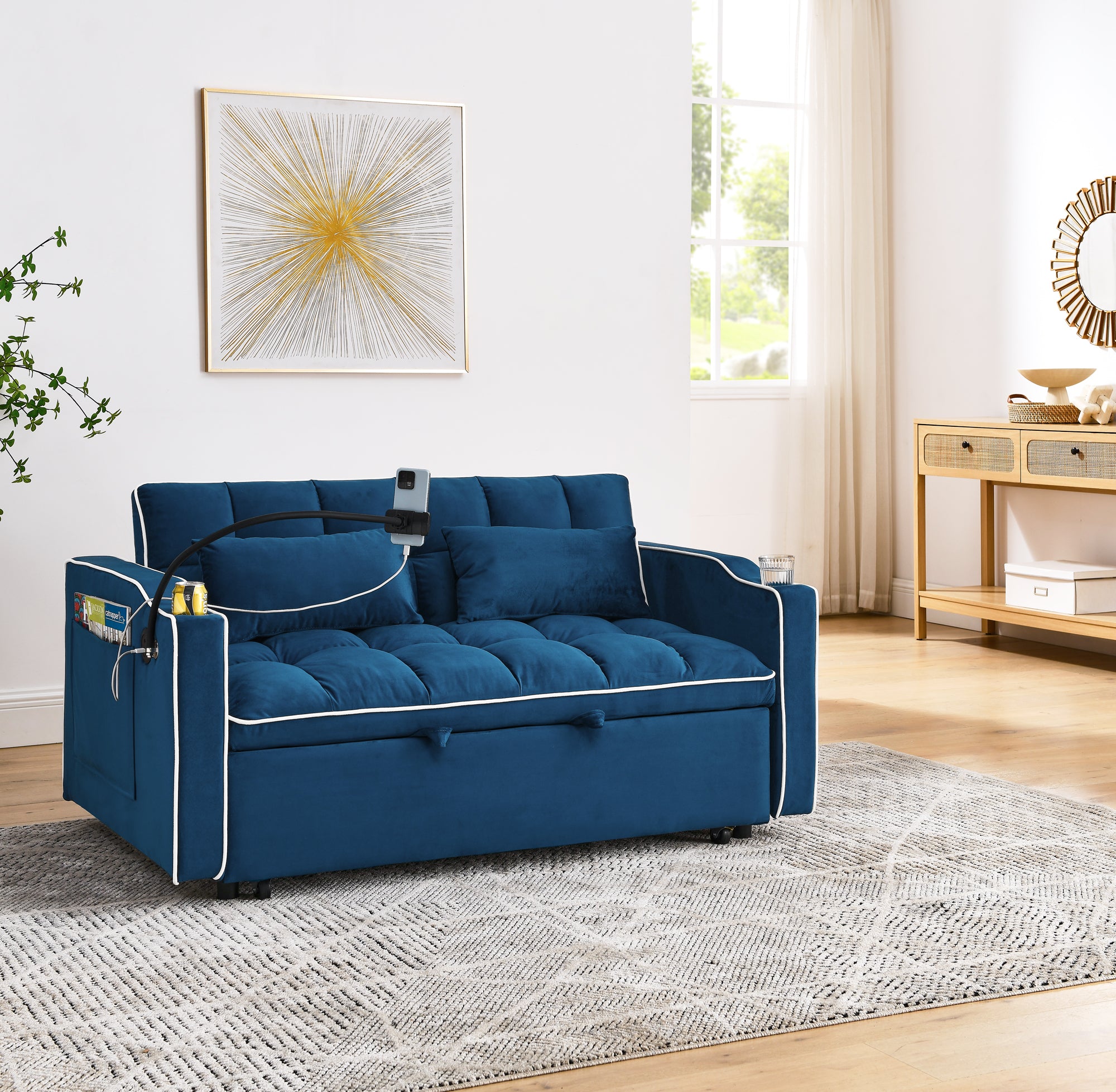 FFH 3-in-1 Convertible Loveseat Sleeeper, Futon Sofa Bed with Phone Stand & USB, Pull Out Sofa Bed for Living Room/Apt, Blue Velvet