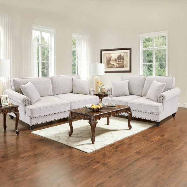 FFH Mid-Century Loveseat Sofa, 2 Seater Sofa with Nailhead, 61" Chenille Upholstered Couches for Living Room, White