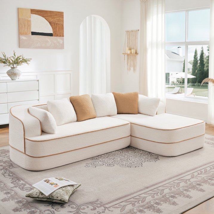 FFH 106" Cloud Sectional Couch, Modern Modular Sofa with L-Shape Chaise, Teddy Sofa for Living Room, No Assembly Required (White, Right Chaise)