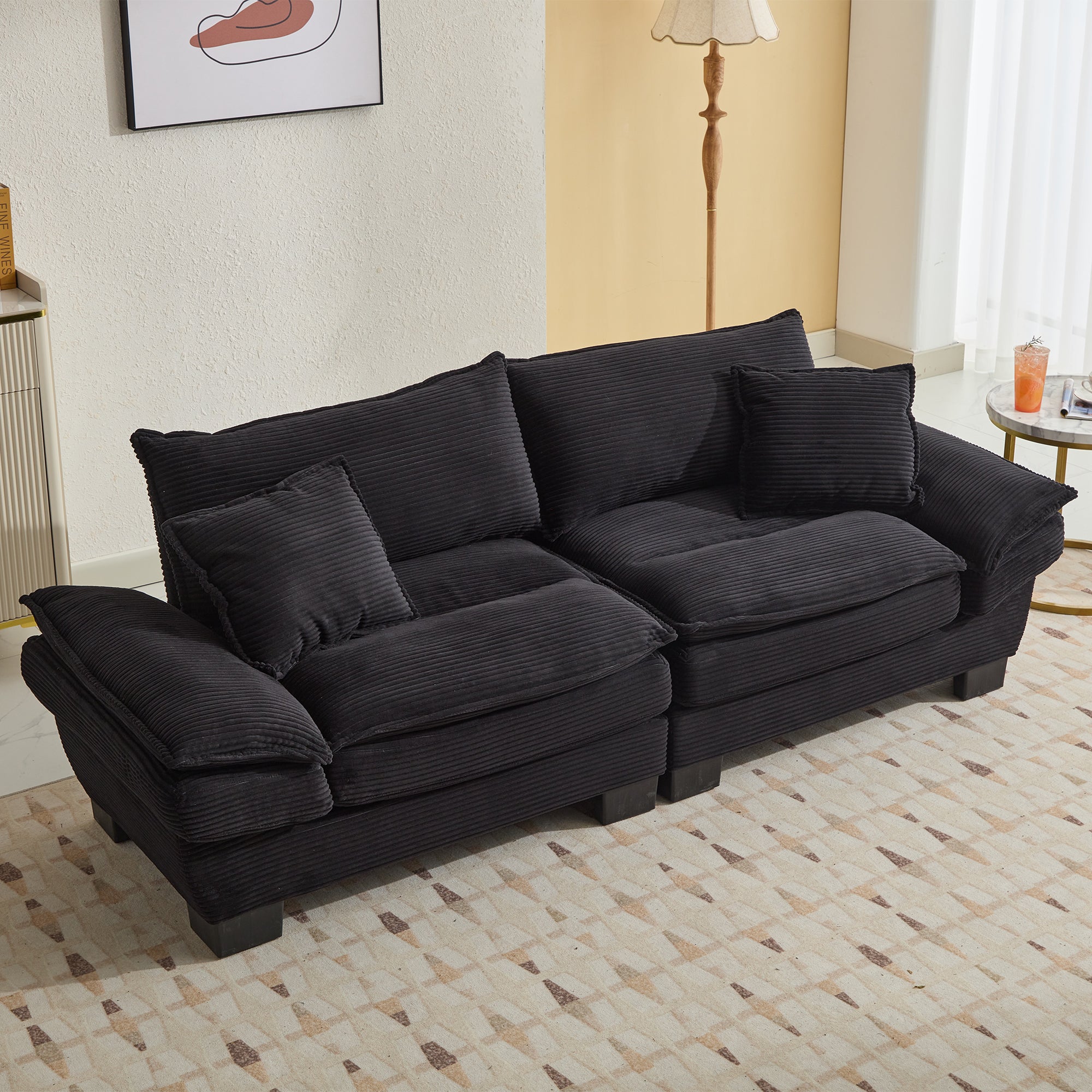 FFH 80"L Corduroy Deep Seat Sofa, Upholstered 3-Seater Sleeper Couch for Living Room, Black