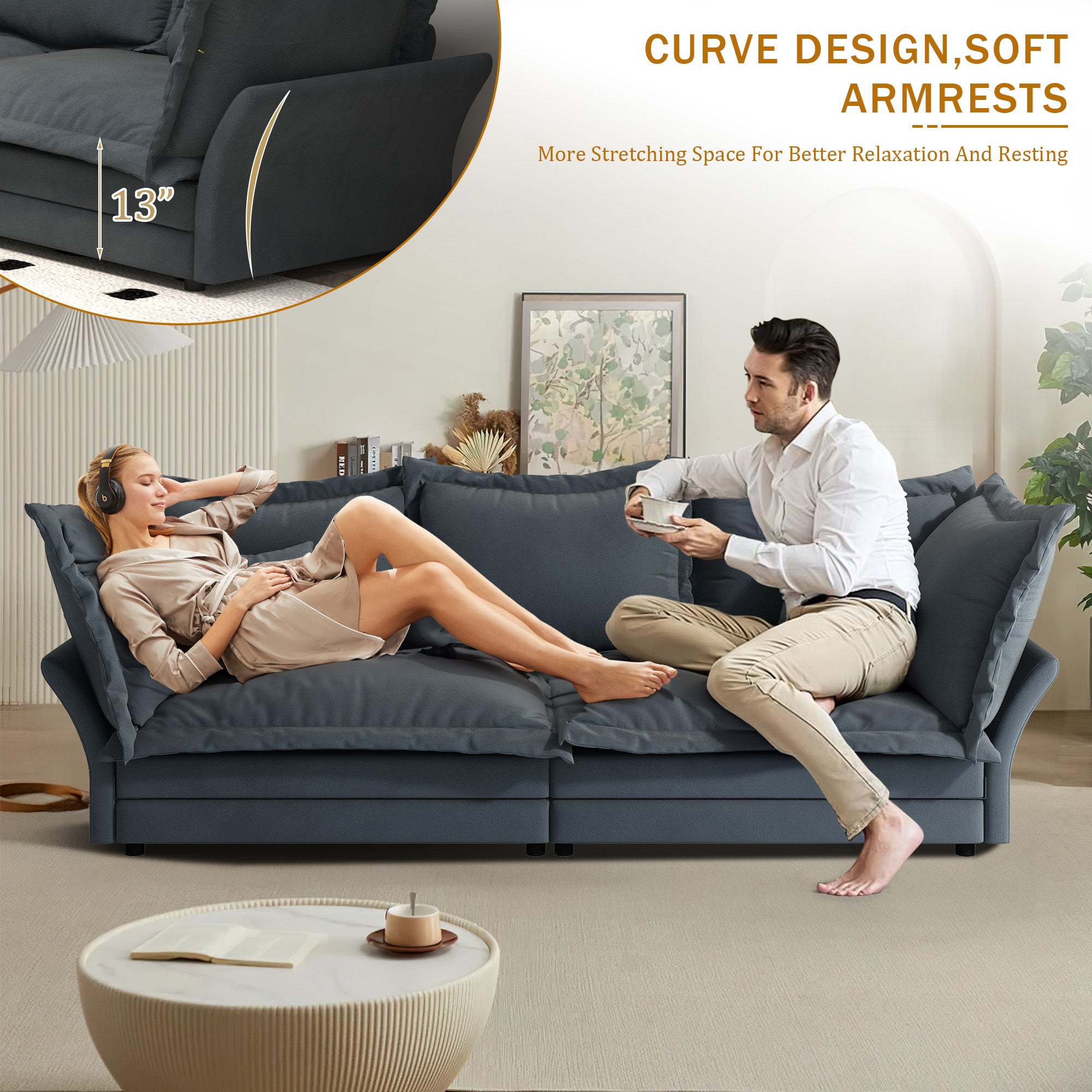 FFH 90.55" Reversible Sofa, Modern Upholstered Velvet Cloud Couch with Soft Pillows, Comfy Lounge Sofa with Deep Seat for Living Room