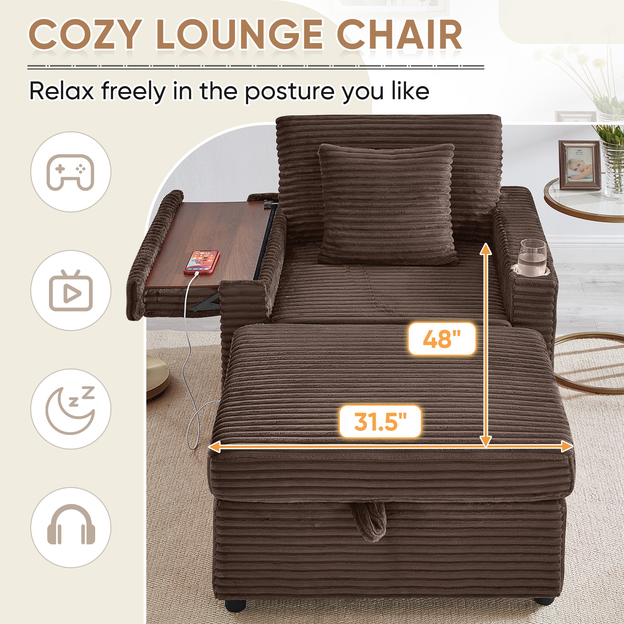 FFH Accent Chair with Storage Ottoman & Side Table, Cozy Lounge Chair with USB, Modern Single Sofa Armchair for Living Room, Brown Corduroy